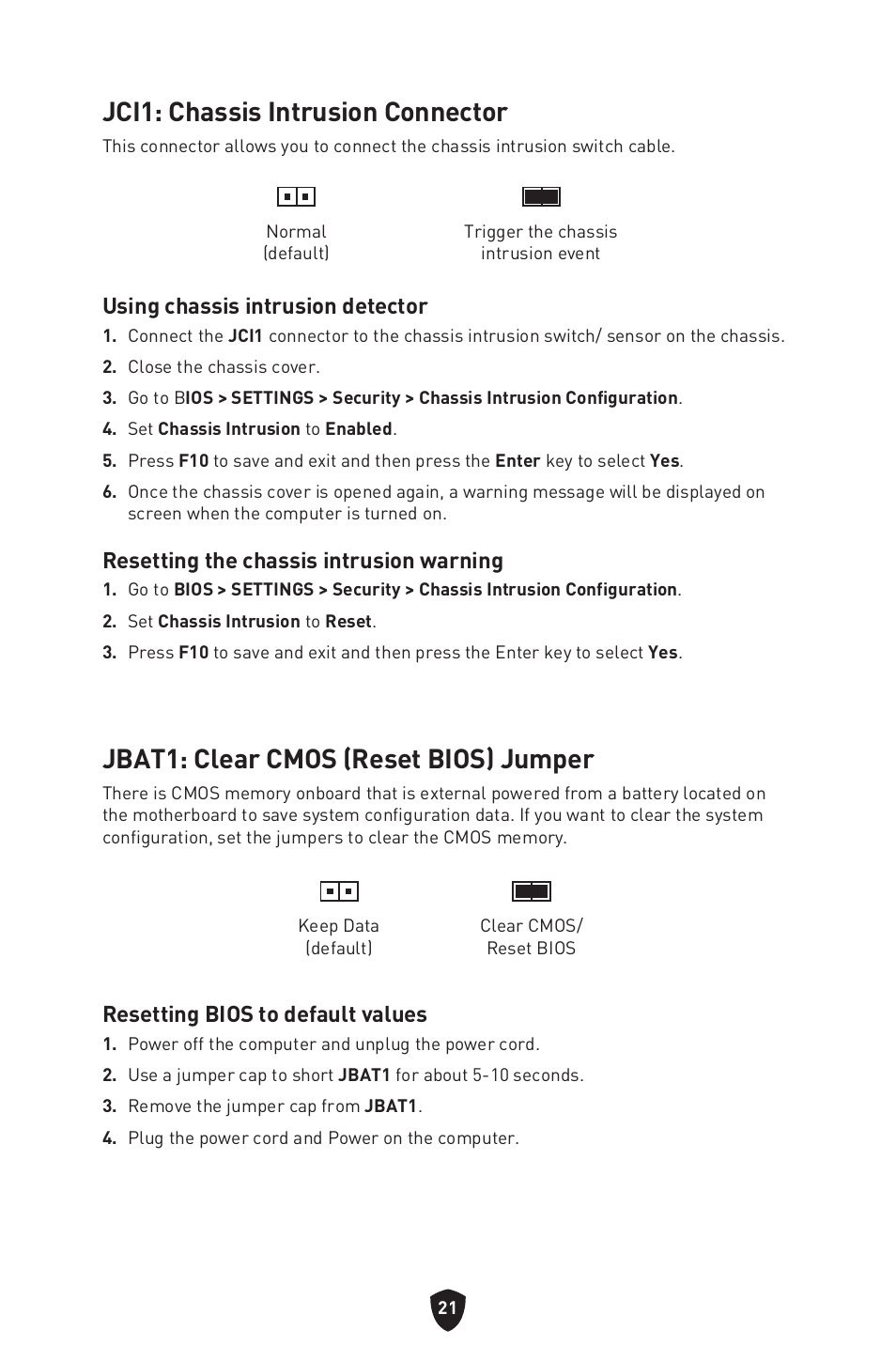 Jci1: chassis intrusion connector, Jbat1: clear cmos (reset bios) jumper, Resetting bios to default values | Using chassis intrusion detector, Resetting the chassis intrusion warning | MSI MAG B660M MORTAR WIFI DDR4 Micro-ATX Motherboard User Manual | Page 23 / 262