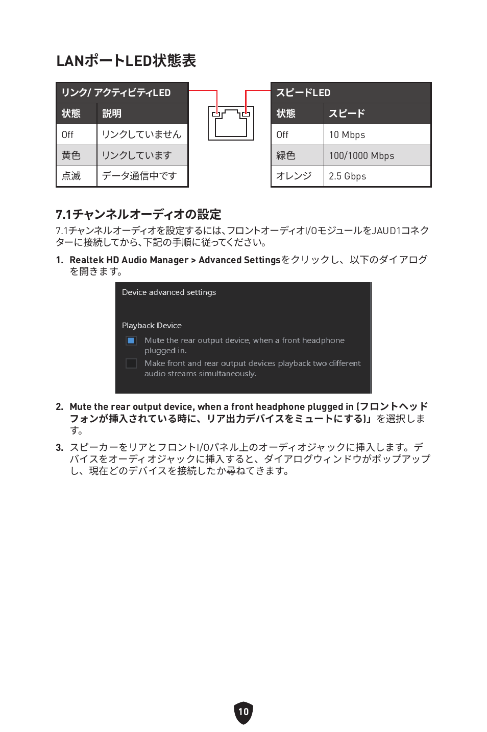 Lanポートled状態表, 1チャンネルオーディオの設定 | MSI MAG B660M MORTAR WIFI DDR4 Micro-ATX Motherboard User Manual | Page 231 / 262