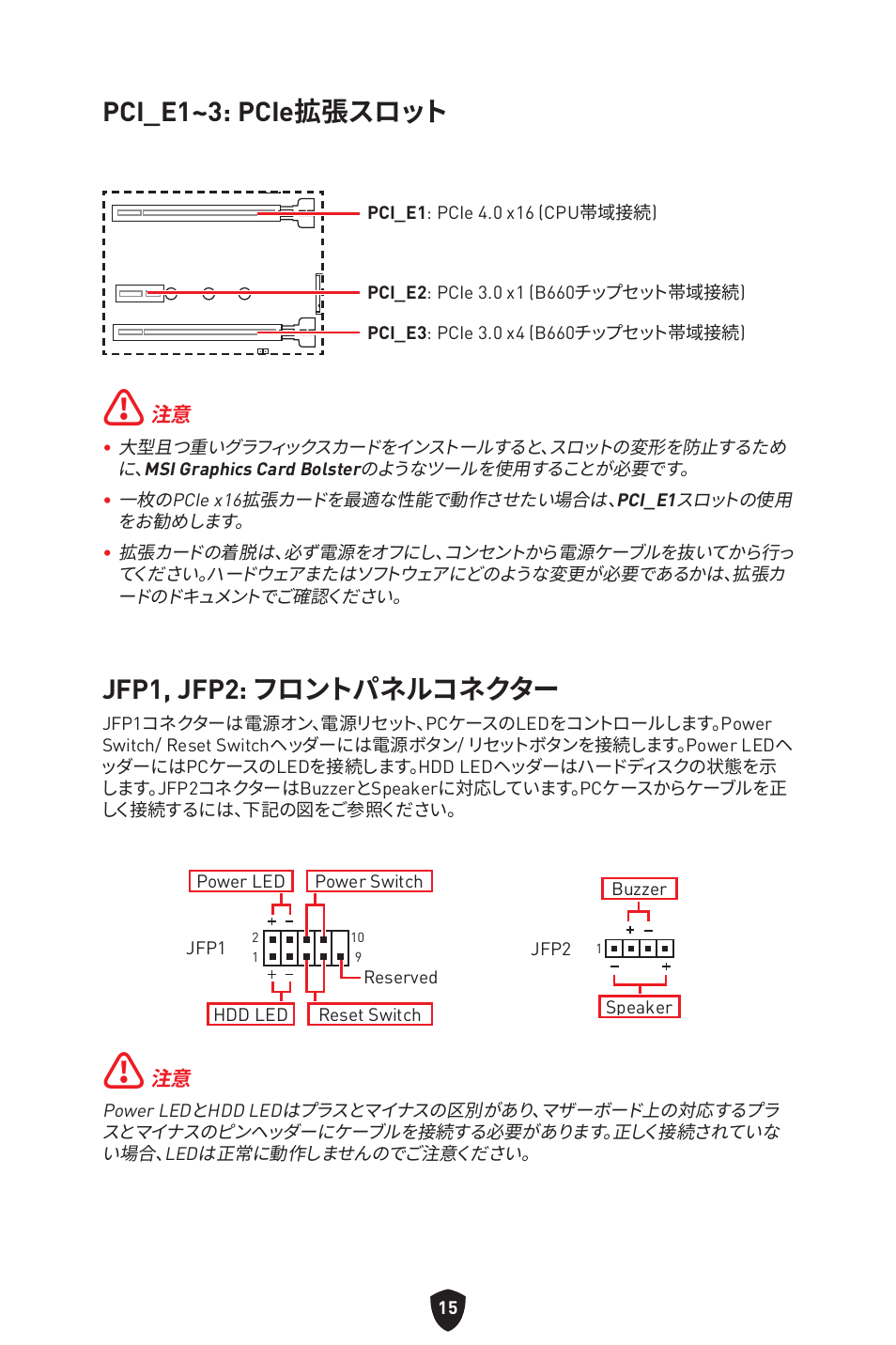 Pci_e1~3: pcie拡張スロット, Jfp1, jfp2: フロントパネルコネクター | MSI MAG B660M MORTAR WIFI DDR4 Micro-ATX Motherboard User Manual | Page 236 / 262