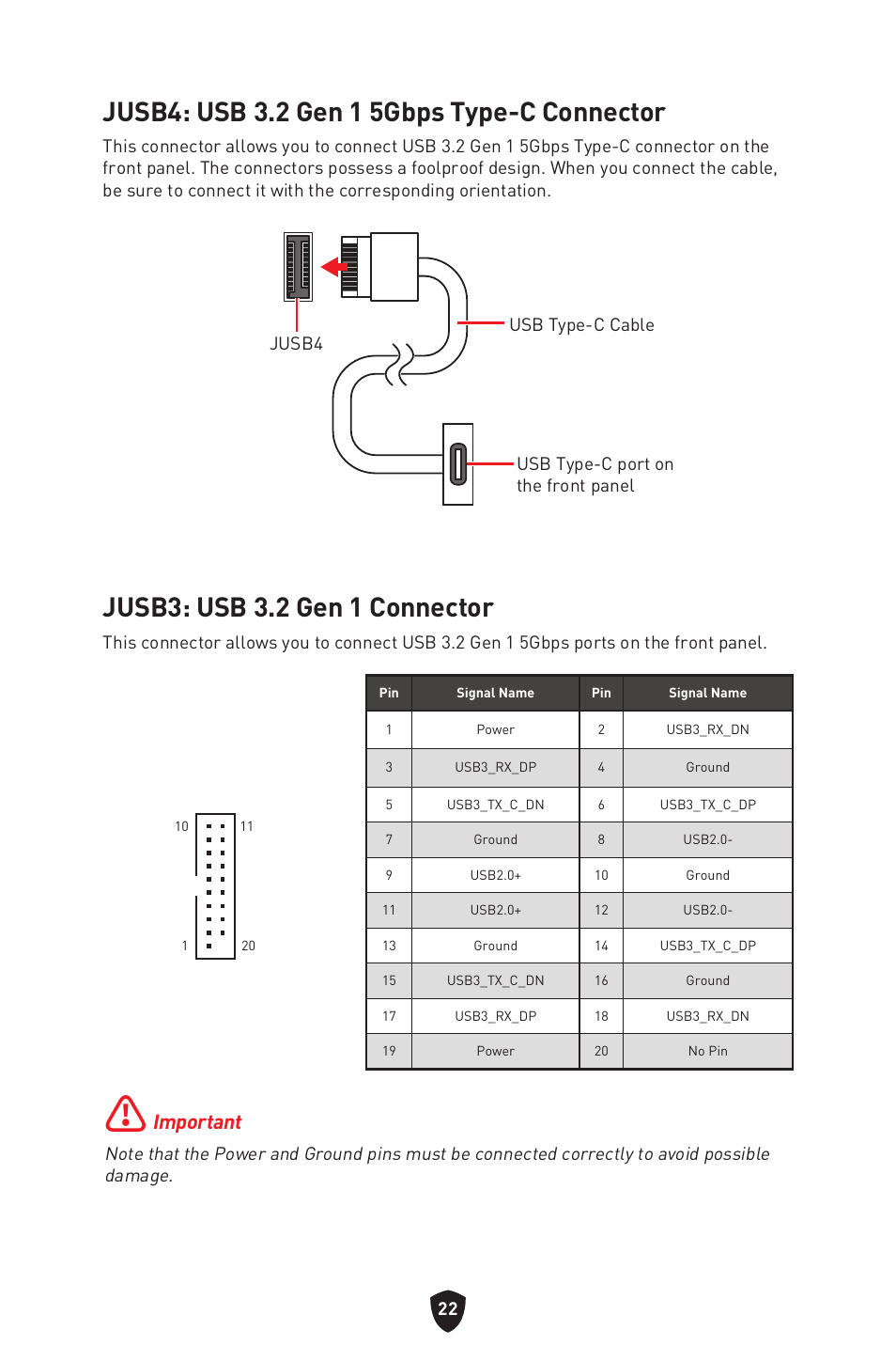 Jusb4: usb 3.2 gen 1 5gbps type-c connector, Jusb3: usb 3.2 gen 1 connector, Important | MSI MAG B660M MORTAR WIFI DDR4 Micro-ATX Motherboard User Manual | Page 24 / 262