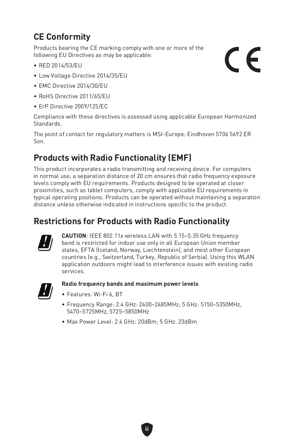 Ce conformity, Products with radio functionality (emf), Restrictions for products with radio functionality | MSI MAG B660M MORTAR WIFI DDR4 Micro-ATX Motherboard User Manual | Page 254 / 262