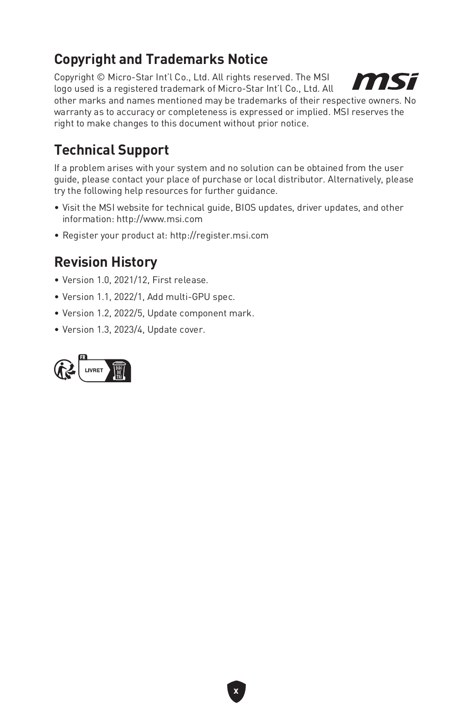 Copyright and trademarks notice, Technical support, Revision history | MSI MAG B660M MORTAR WIFI DDR4 Micro-ATX Motherboard User Manual | Page 262 / 262