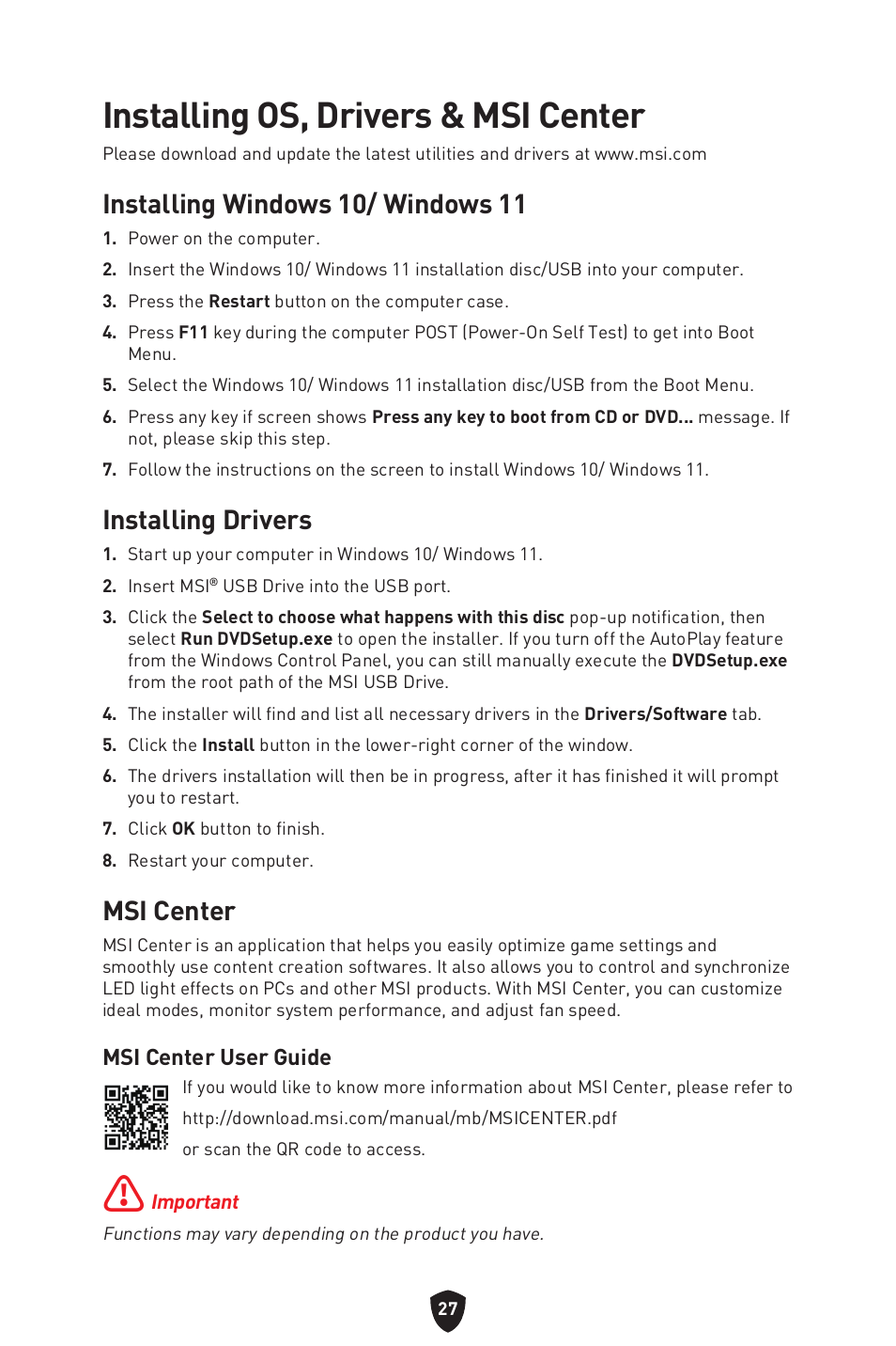 Installing os, drivers & msi center, Installing windows 10/ windows 11, Installing drivers | Msi center, Msi center user guide | MSI MAG B660M MORTAR WIFI DDR4 Micro-ATX Motherboard User Manual | Page 29 / 262