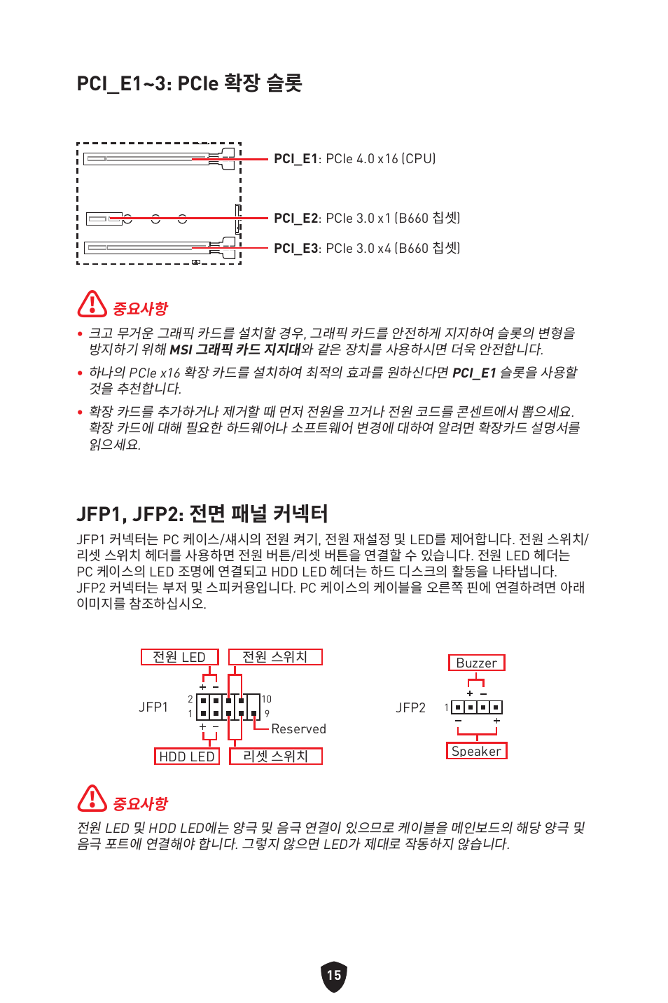Pci_e1~3: pcie 확장 슬롯, Jfp1, jfp2: 전면 패널 커넥터 | MSI MAG B660M MORTAR WIFI DDR4 Micro-ATX Motherboard User Manual | Page 48 / 262