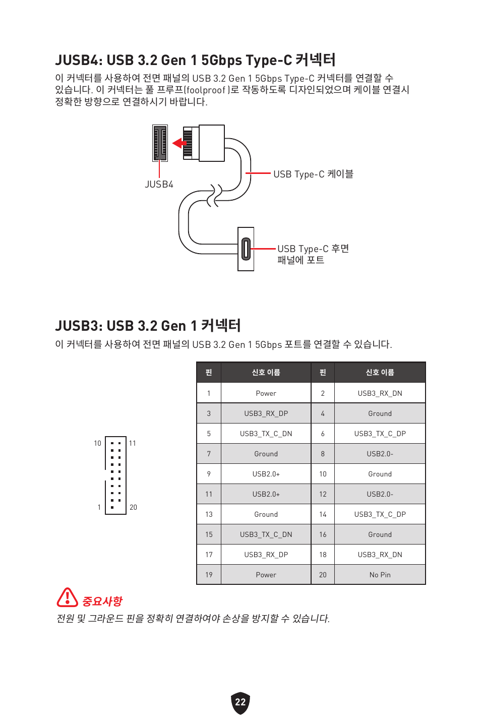 Jusb4: usb 3.2 gen 1 5gbps type-c 커넥터, Jusb3: usb 3.2 gen 1 커넥터, 중요사항 | MSI MAG B660M MORTAR WIFI DDR4 Micro-ATX Motherboard User Manual | Page 55 / 262