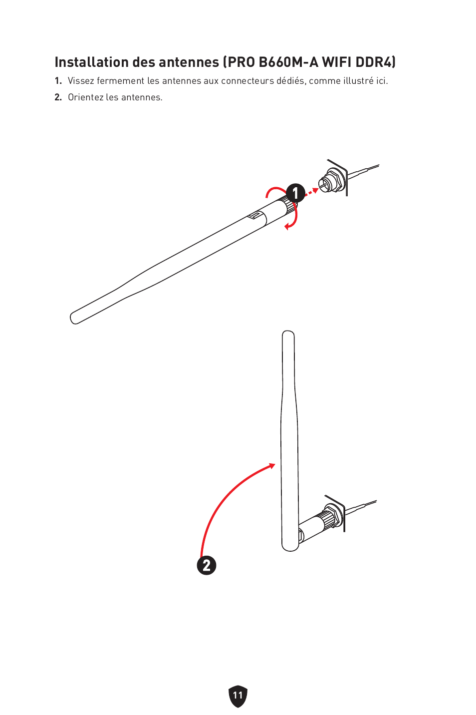 Installation des antennes (pro b660m-a wifi ddr4) | MSI MAG B660M MORTAR WIFI DDR4 Micro-ATX Motherboard User Manual | Page 75 / 262