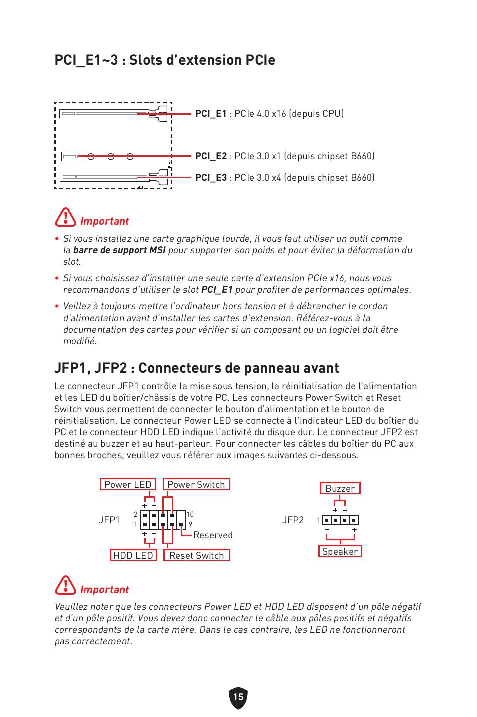 Pci_e1~3 : slots d’extension pcie, Jfp1, jfp2 : connecteurs de panneau avant | MSI MAG B660M MORTAR WIFI DDR4 Micro-ATX Motherboard User Manual | Page 79 / 262