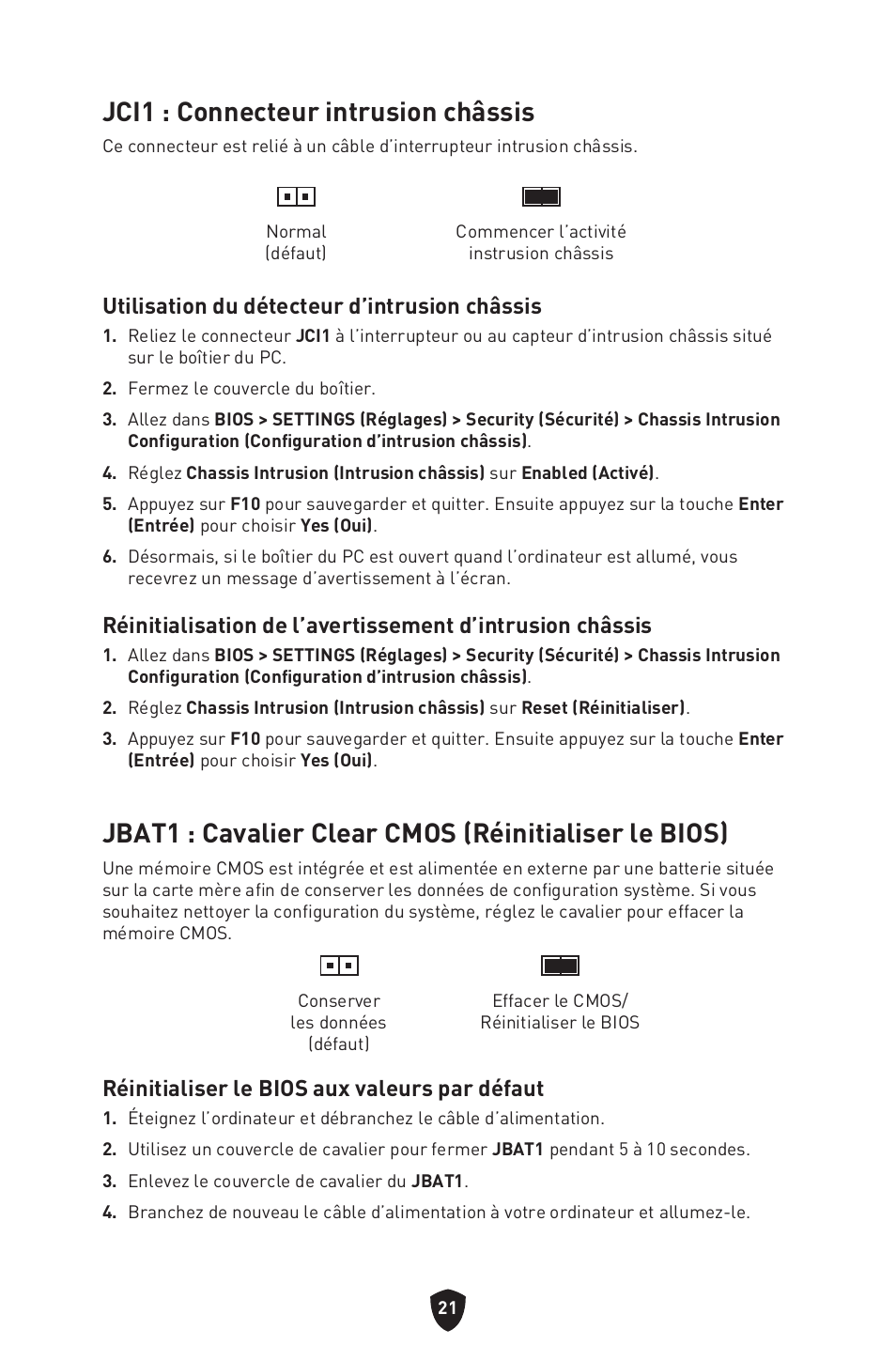 Jci1 : connecteur intrusion châssis, Réinitialiser le bios aux valeurs par défaut, Utilisation du détecteur d’intrusion châssis | MSI MAG B660M MORTAR WIFI DDR4 Micro-ATX Motherboard User Manual | Page 85 / 262