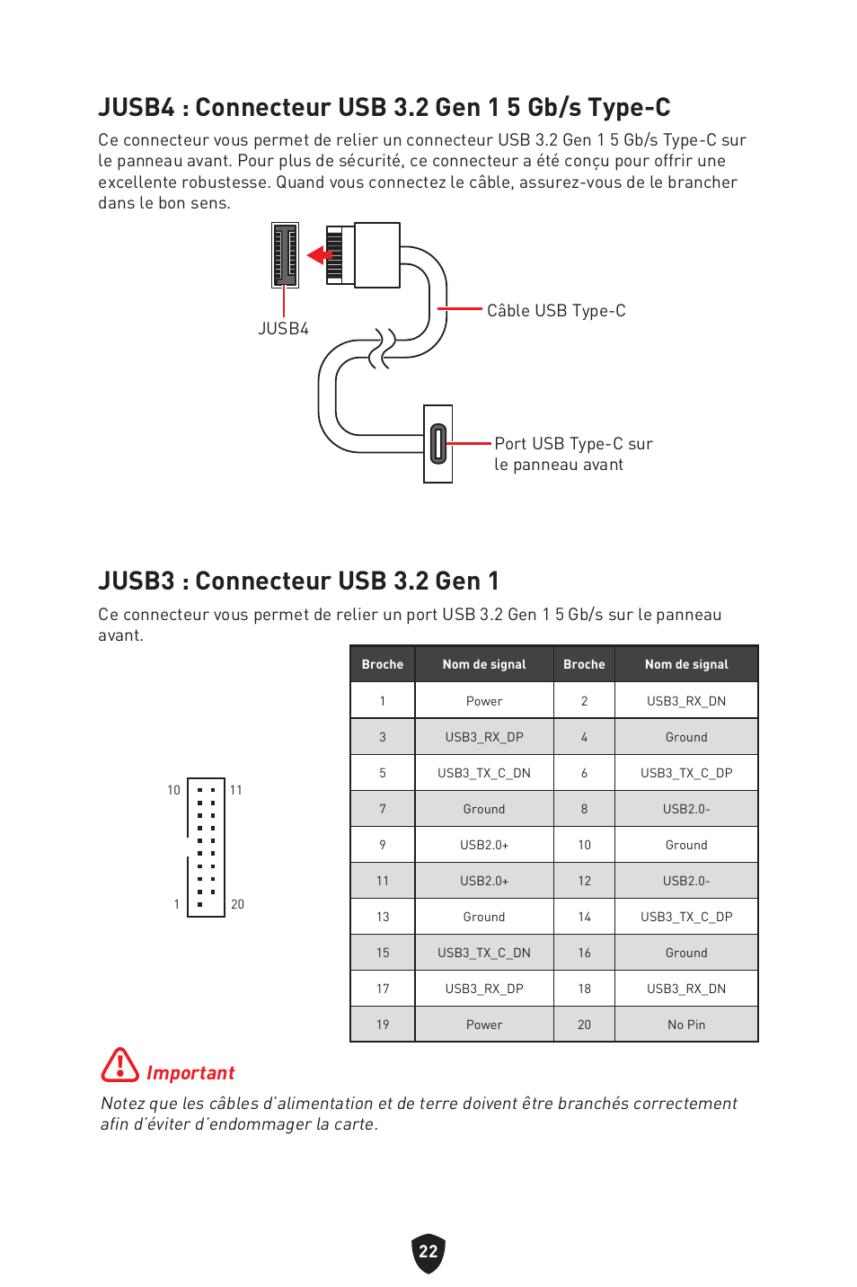 Jusb4 : connecteur usb 3.2 gen 1 5 gb/s type-c, Jusb3 : connecteur usb 3.2 gen 1, Important | MSI MAG B660M MORTAR WIFI DDR4 Micro-ATX Motherboard User Manual | Page 86 / 262