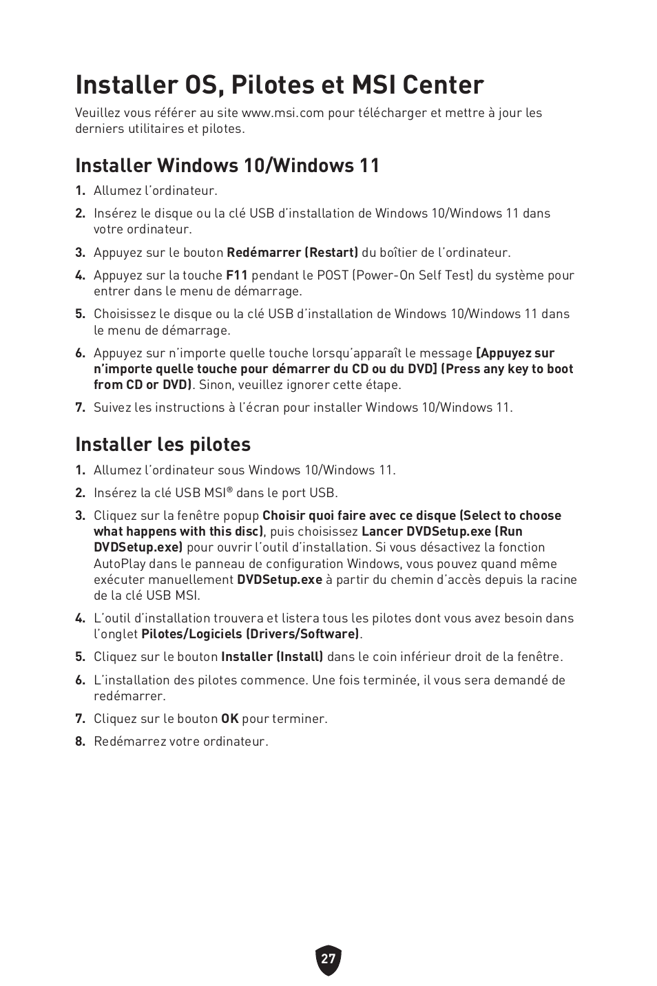 Installer os, pilotes et msi center, Installer windows 10/windows 11, Installer les pilotes | MSI MAG B660M MORTAR WIFI DDR4 Micro-ATX Motherboard User Manual | Page 91 / 262