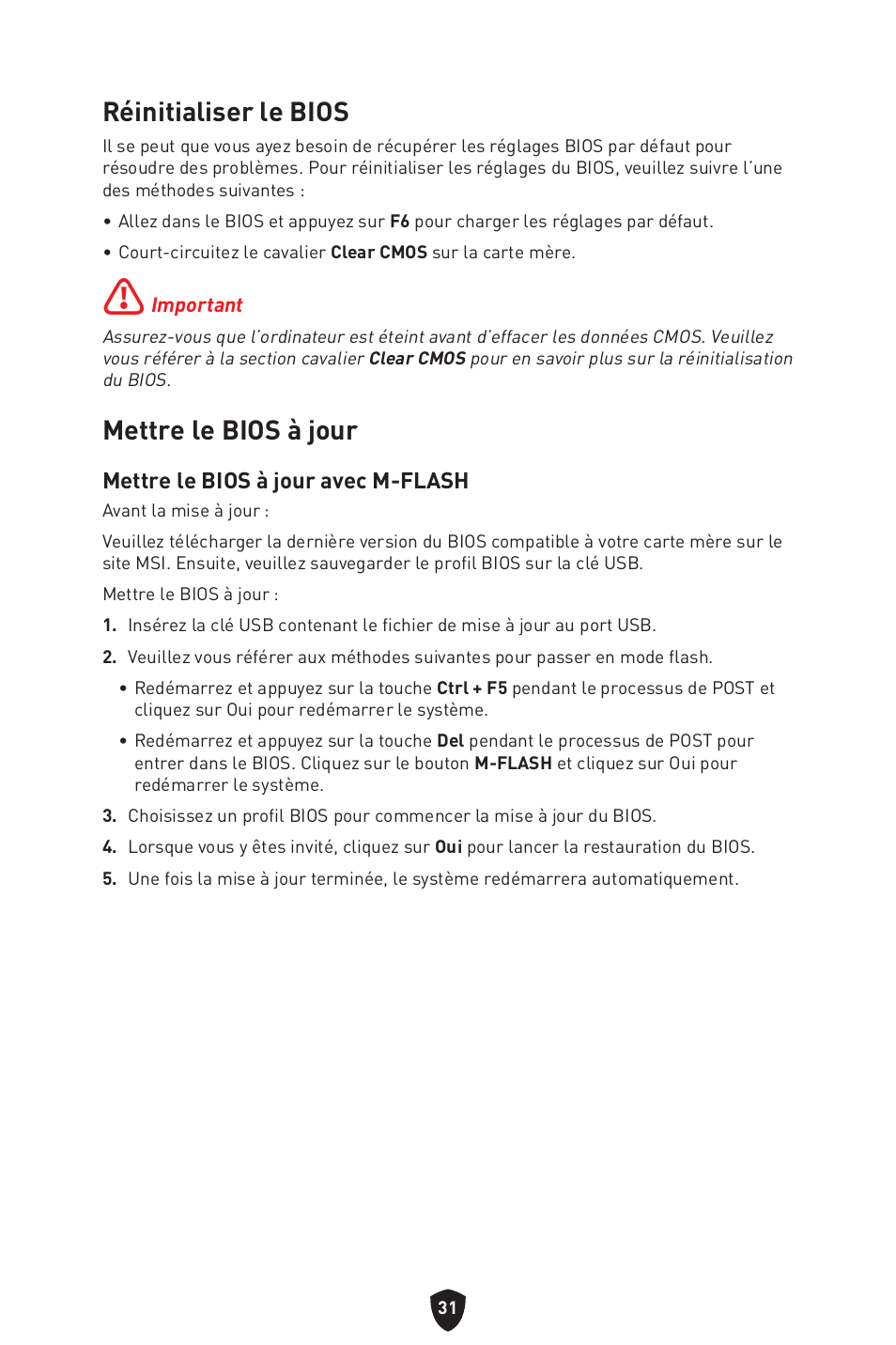 Réinitialiser le bios, Mettre le bios à jour, Réinitialiser le bios mettre le bios à jour | Mettre le bios à jour avec m-flash | MSI MAG B660M MORTAR WIFI DDR4 Micro-ATX Motherboard User Manual | Page 95 / 262