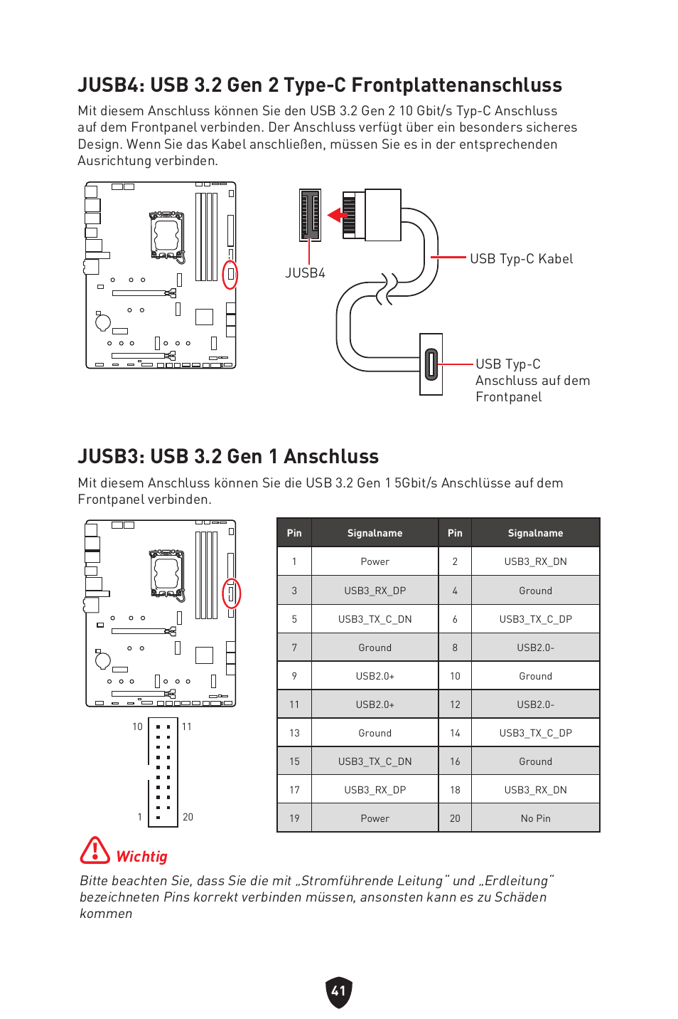 Jusb3: usb 3.2 gen 1 anschluss, Jusb4: usb 3.2 gen 2 type-c frontplattenanschluss, Wichtig | MSI MAG Z790 TOMAHAWK WIFI LGA 1700 ATX Motherboard User Manual | Page 100 / 470