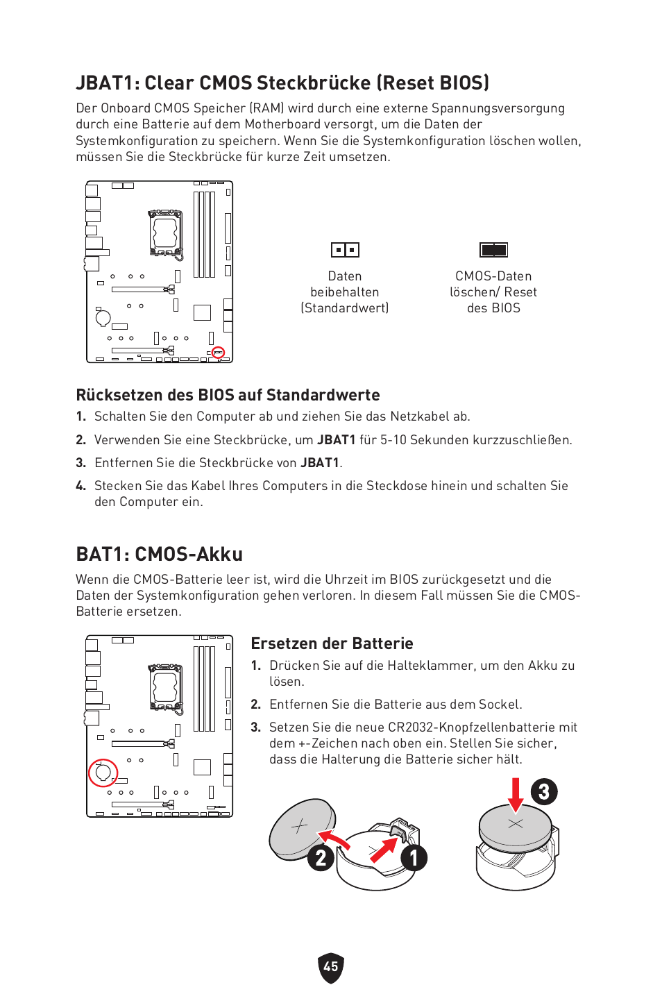Jbat1: clear cmos steckbrücke (reset bios), Bat1: cmos-akku | MSI MAG Z790 TOMAHAWK WIFI LGA 1700 ATX Motherboard User Manual | Page 104 / 470