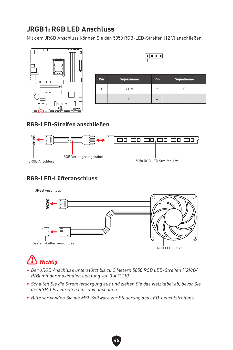 Jrgb1: rgb led anschluss, Rgb-led-streifen anschließen, Rgb-led-lüfteranschluss | Wichtig | MSI MAG Z790 TOMAHAWK WIFI LGA 1700 ATX Motherboard User Manual | Page 105 / 470