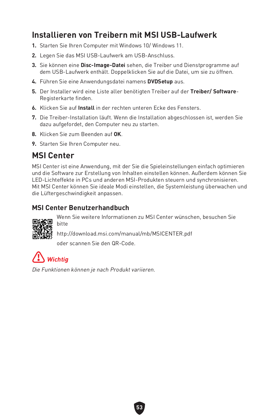 Msi center, Installieren von treibern mit msi usb-laufwerk | MSI MAG Z790 TOMAHAWK WIFI LGA 1700 ATX Motherboard User Manual | Page 112 / 470