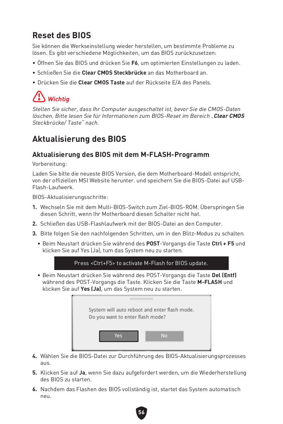 Reset des bios aktualisierung des bios, Reset des bios, Aktualisierung des bios | Aktualisierung des bios mit dem m-flash-programm | MSI MAG Z790 TOMAHAWK WIFI LGA 1700 ATX Motherboard User Manual | Page 115 / 470