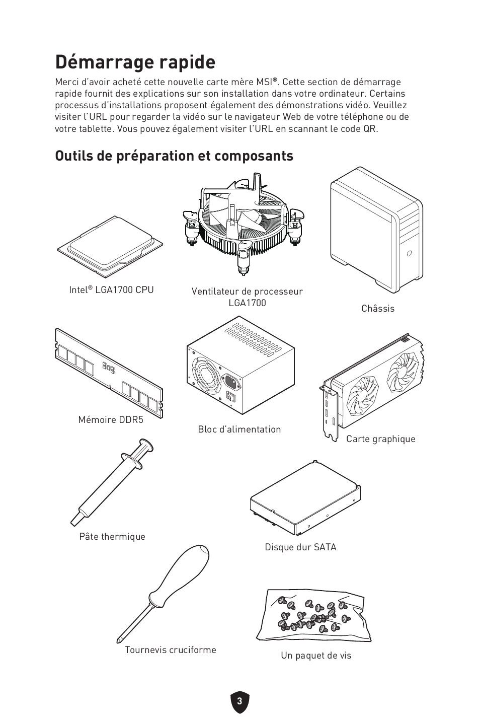 Démarrage rapide, Outils de préparation et composants | MSI MAG Z790 TOMAHAWK WIFI LGA 1700 ATX Motherboard User Manual | Page 119 / 470