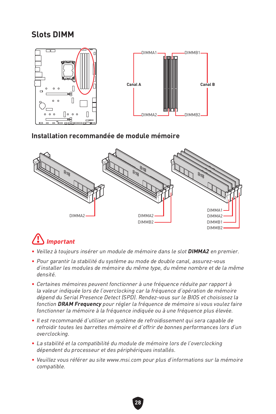 Slots dimm, Installation recommandée de module mémoire | MSI MAG Z790 TOMAHAWK WIFI LGA 1700 ATX Motherboard User Manual | Page 144 / 470