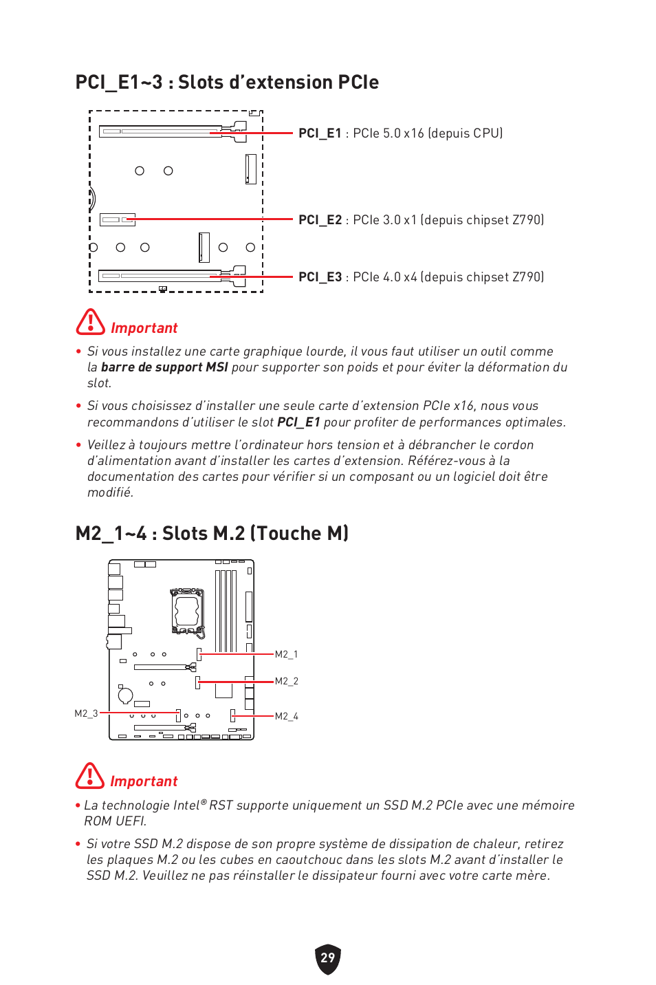 Pci_e1~3 : slots d’extension pcie, M2_1~4 : slots m.2 (touche m) | MSI MAG Z790 TOMAHAWK WIFI LGA 1700 ATX Motherboard User Manual | Page 145 / 470