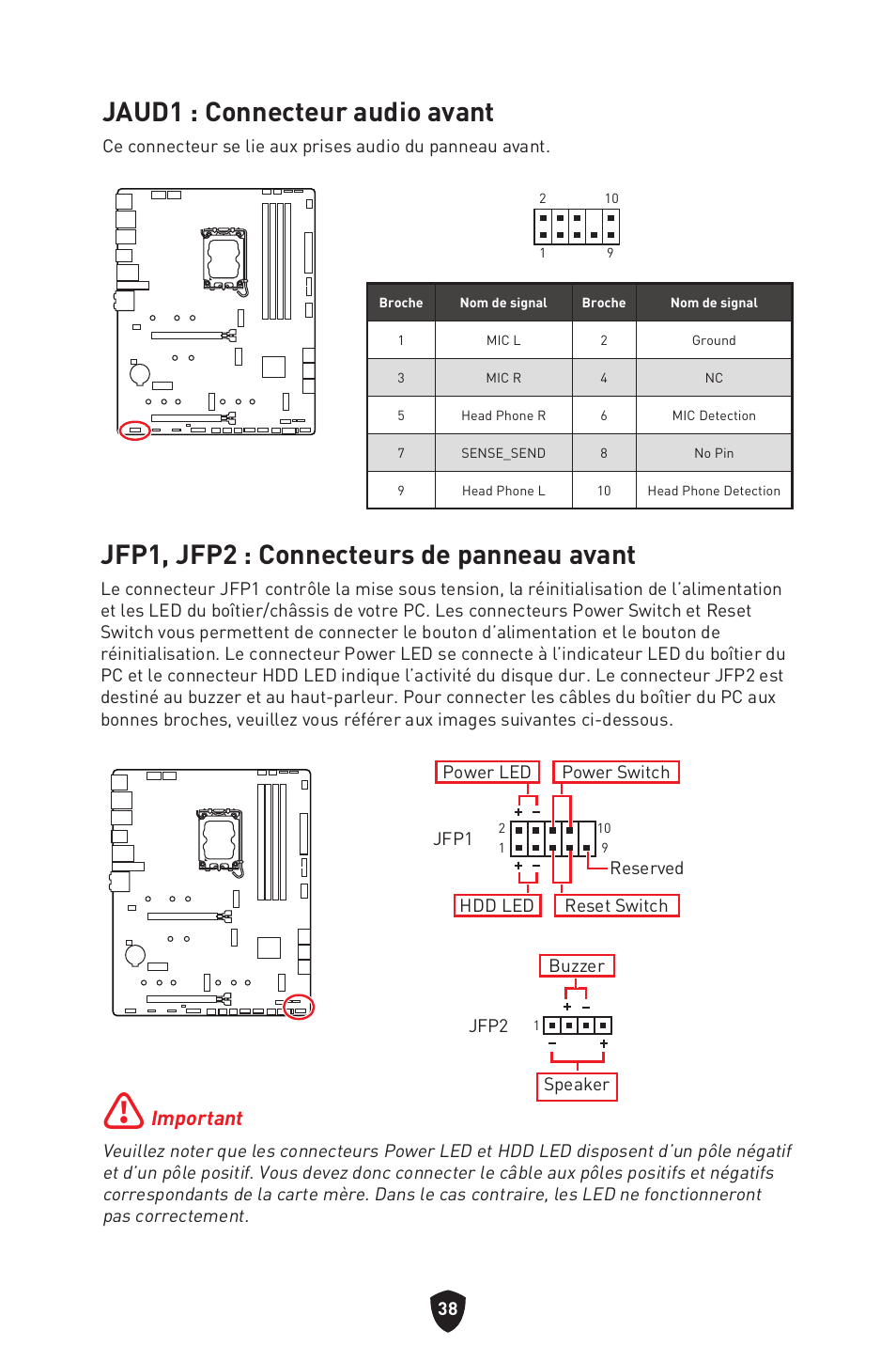 Jaud1 : connecteur audio avant, Jfp1, jfp2 : connecteurs de panneau avant, Important | MSI MAG Z790 TOMAHAWK WIFI LGA 1700 ATX Motherboard User Manual | Page 154 / 470
