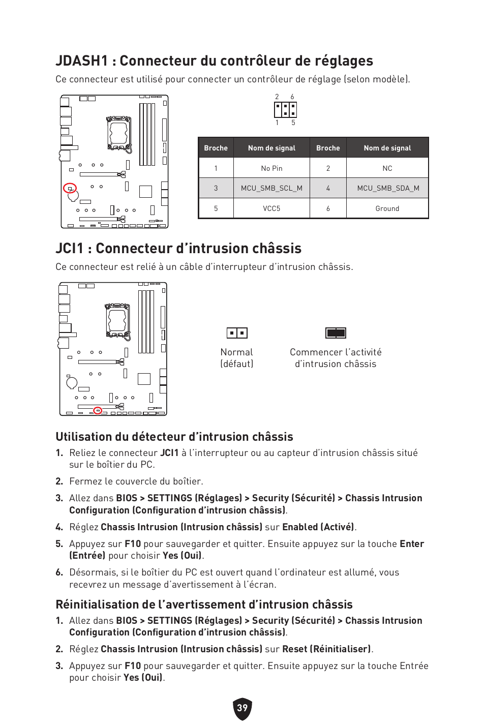 Jdash1 : connecteur du contrôleur de réglages, Jci1 : connecteur d’intrusion châssis, Utilisation du détecteur d’intrusion châssis | MSI MAG Z790 TOMAHAWK WIFI LGA 1700 ATX Motherboard User Manual | Page 155 / 470