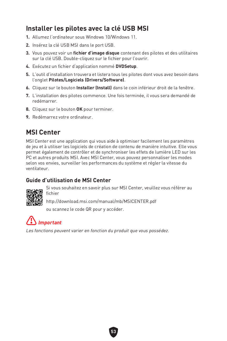 Msi center, Installer les pilotes avec la clé usb msi | MSI MAG Z790 TOMAHAWK WIFI LGA 1700 ATX Motherboard User Manual | Page 169 / 470