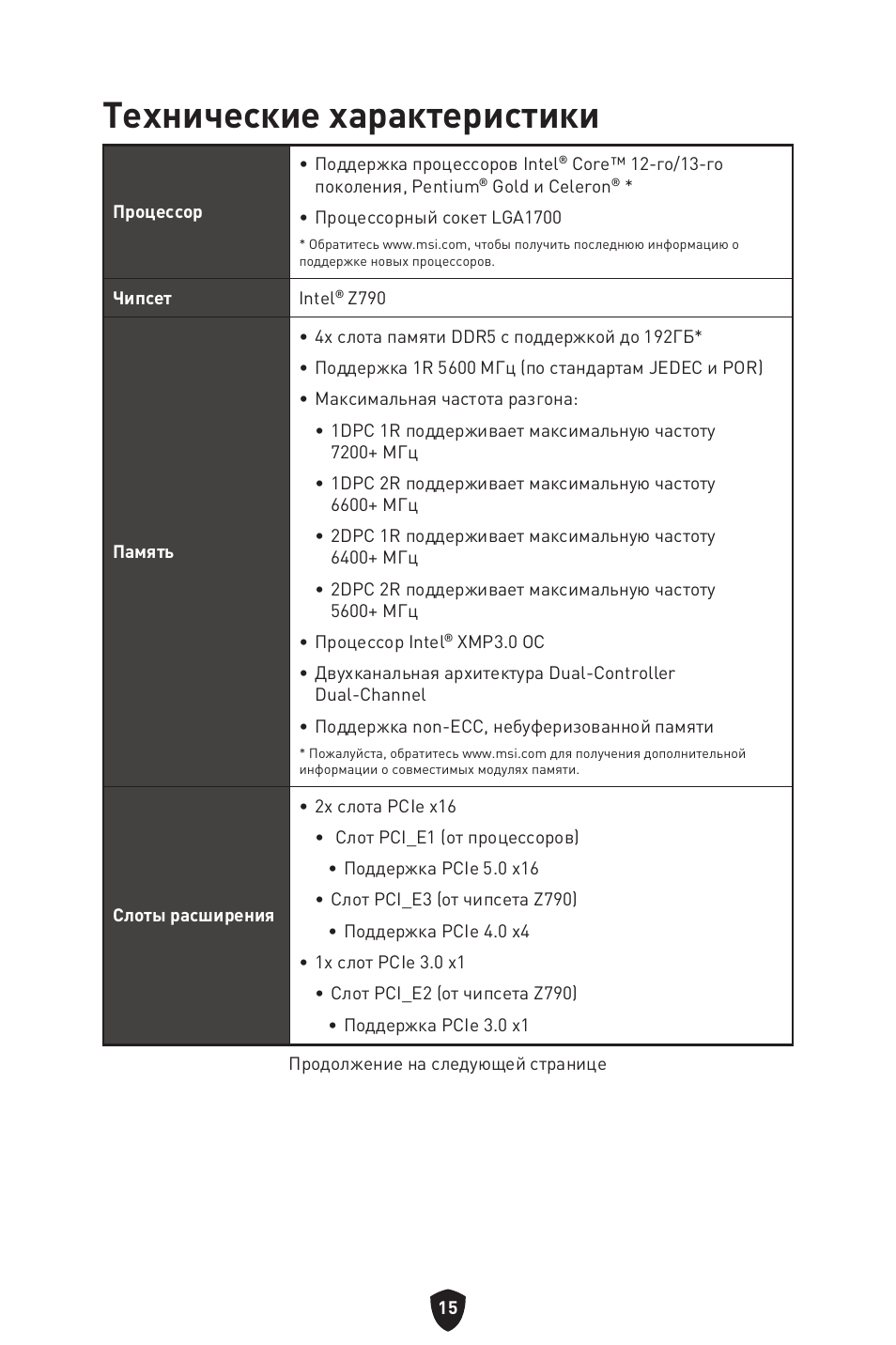 Технические характеристики | MSI MAG Z790 TOMAHAWK WIFI LGA 1700 ATX Motherboard User Manual | Page 188 / 470