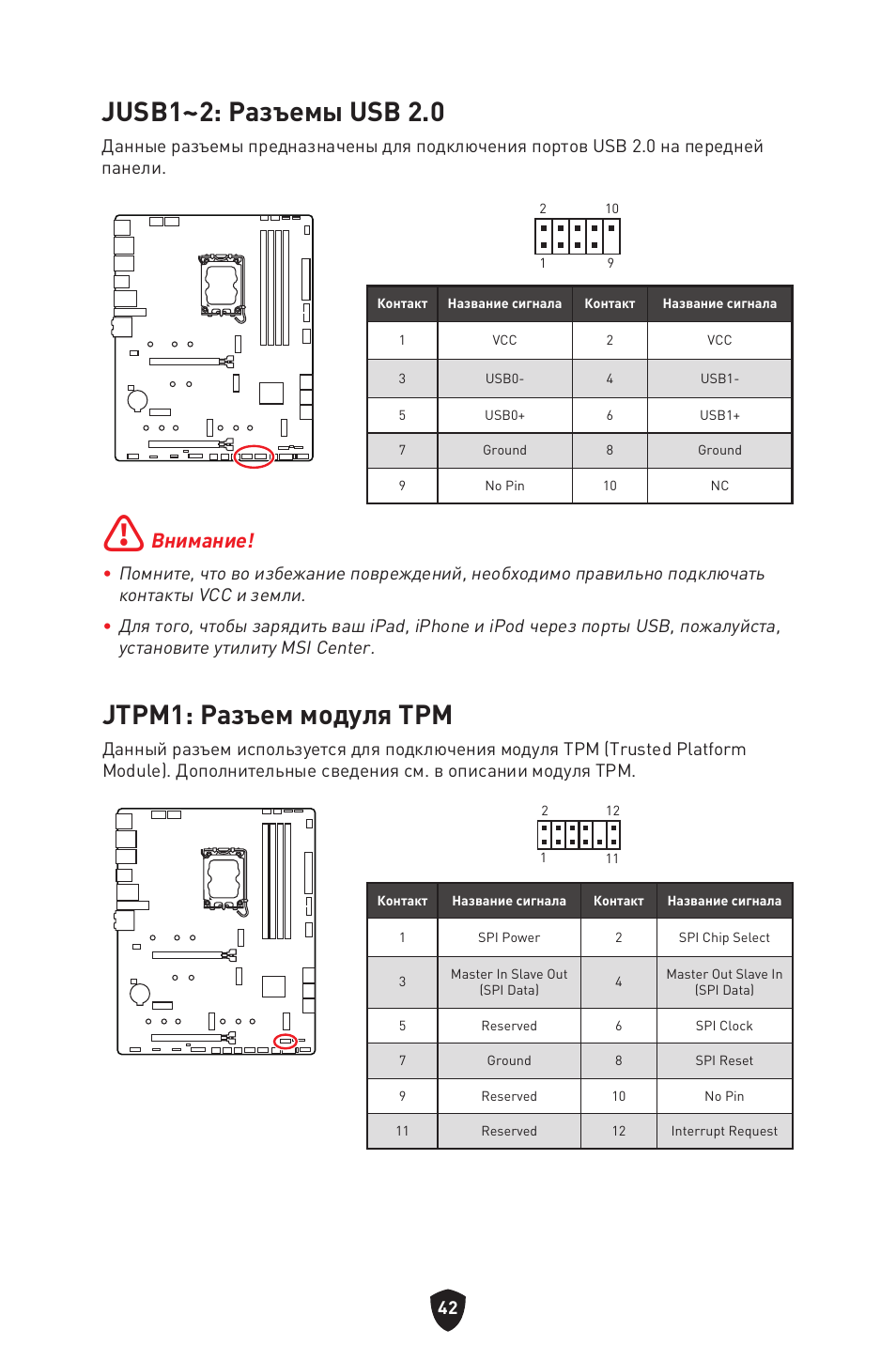 Jusb1~2: разъемы usb 2.0, Jtpm1: разъем модуля трм, Внимание | MSI MAG Z790 TOMAHAWK WIFI LGA 1700 ATX Motherboard User Manual | Page 215 / 470