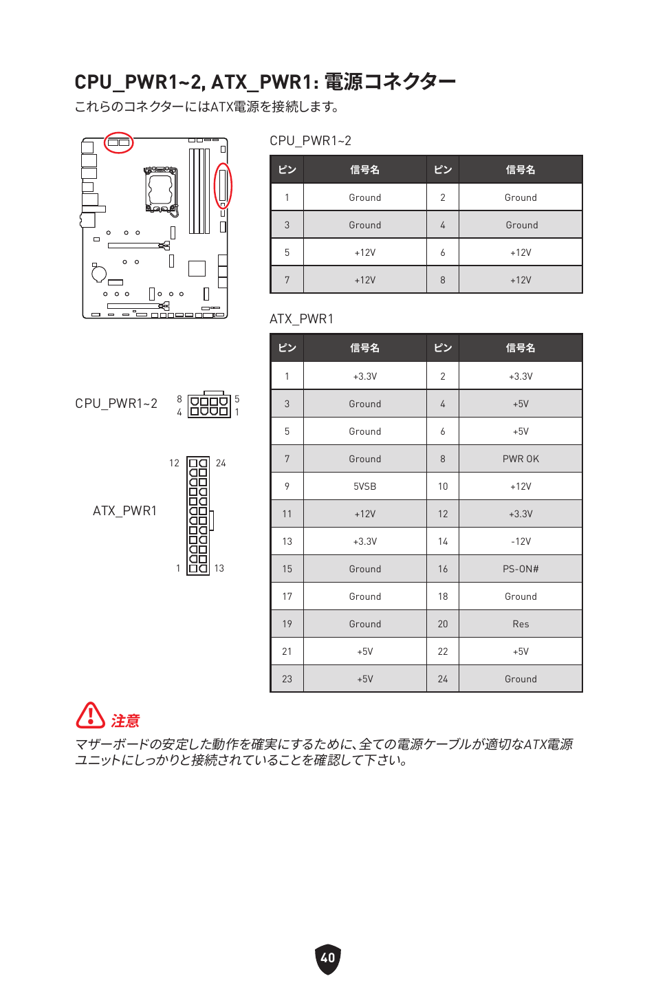 Cpu_pwr1~2, atx_pwr1: 電源コネクター, これらのコネクターにはatx電源を接続します。 cpu_pwr1~2, Atx_pwr1 | Cpu_pwr1~2 | MSI MAG Z790 TOMAHAWK WIFI LGA 1700 ATX Motherboard User Manual | Page 270 / 470