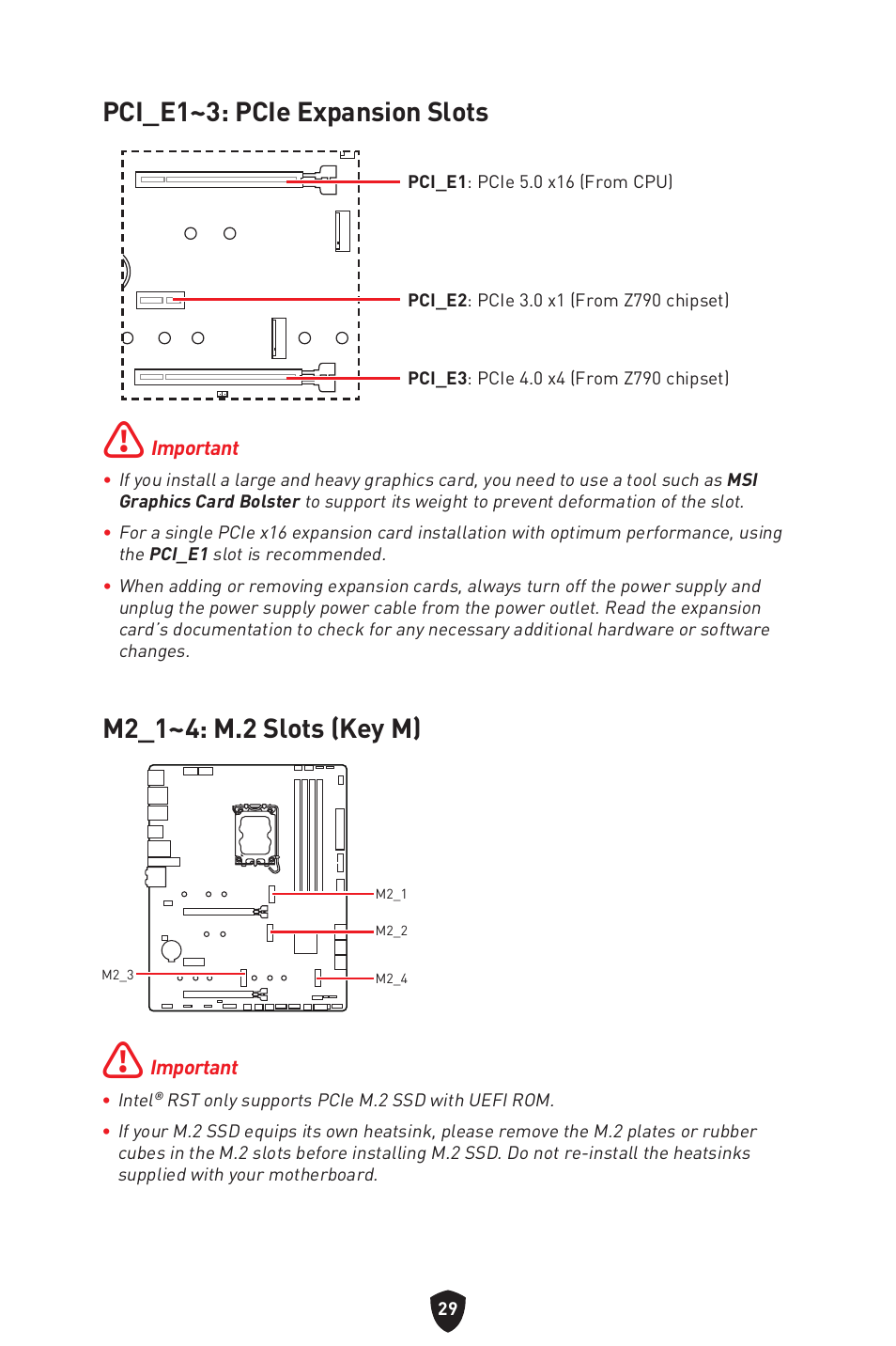 Pci_e1~3: pcie expansion slots, M2_1~4: m.2 slots (key m) | MSI MAG Z790 TOMAHAWK WIFI LGA 1700 ATX Motherboard User Manual | Page 31 / 470