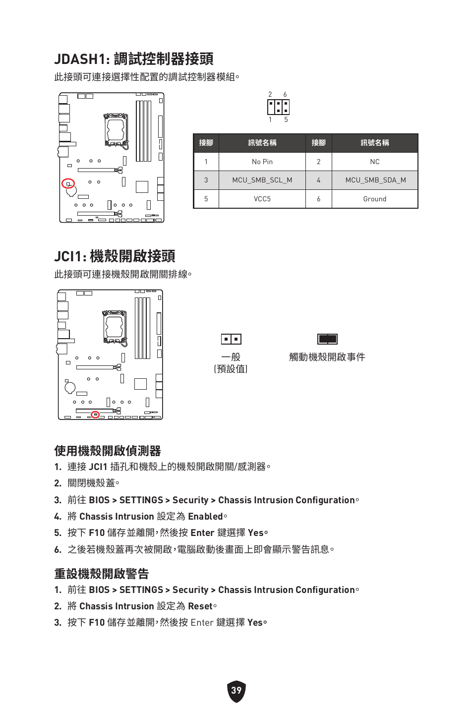 Jdash1: 調試控制器接頭, Jci1: 機殼開啟接頭, 使用機殼開啟偵測器 | 重設機殼開啟警告 | MSI MAG Z790 TOMAHAWK WIFI LGA 1700 ATX Motherboard User Manual | Page 383 / 470
