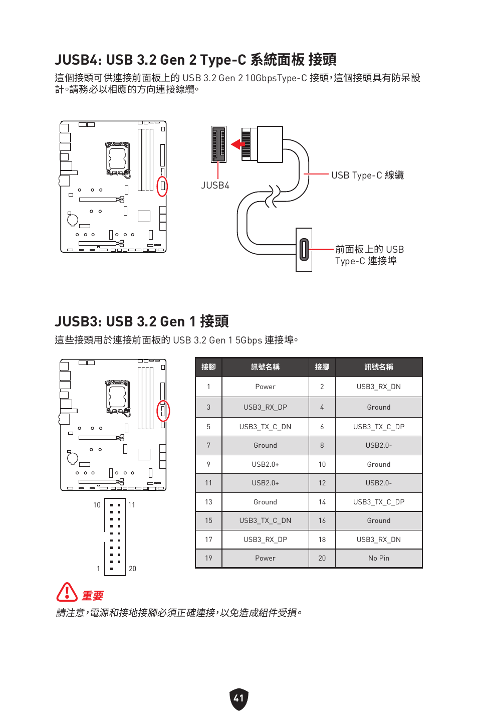 Jusb4: usb 3.2 gen 2 type-c, 系統面板 接頭, Jusb3: usb 3.2 gen 1 接頭 | Jusb4: usb 3.2 gen 2 type-c 系統面板 接頭 | MSI MAG Z790 TOMAHAWK WIFI LGA 1700 ATX Motherboard User Manual | Page 385 / 470