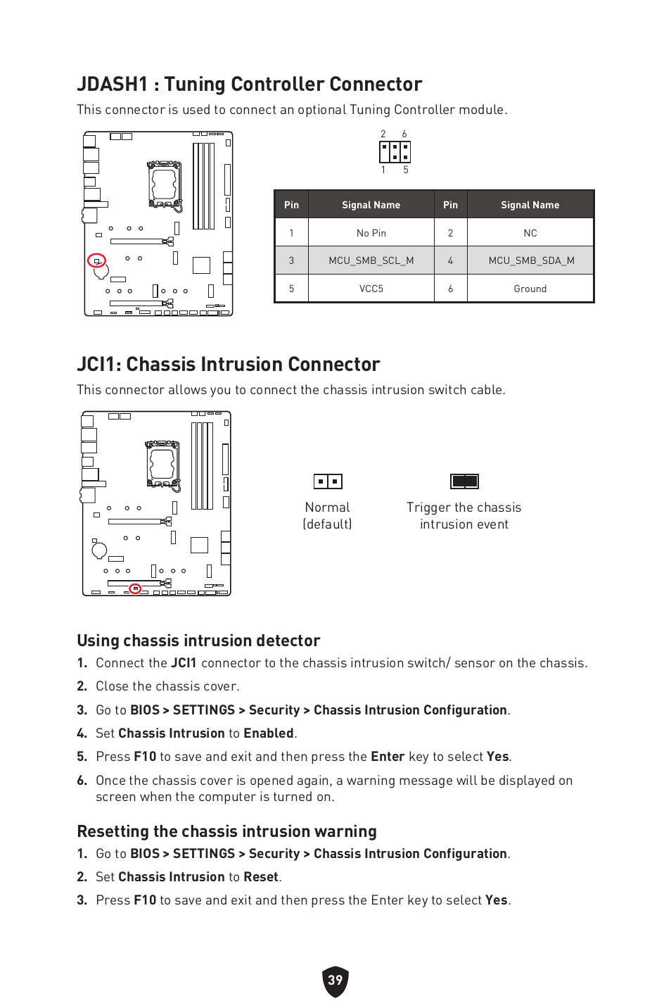 Jdash1 : tuning controller connector, Jci1: chassis intrusion connector, Using chassis intrusion detector | Resetting the chassis intrusion warning | MSI MAG Z790 TOMAHAWK WIFI LGA 1700 ATX Motherboard User Manual | Page 41 / 470