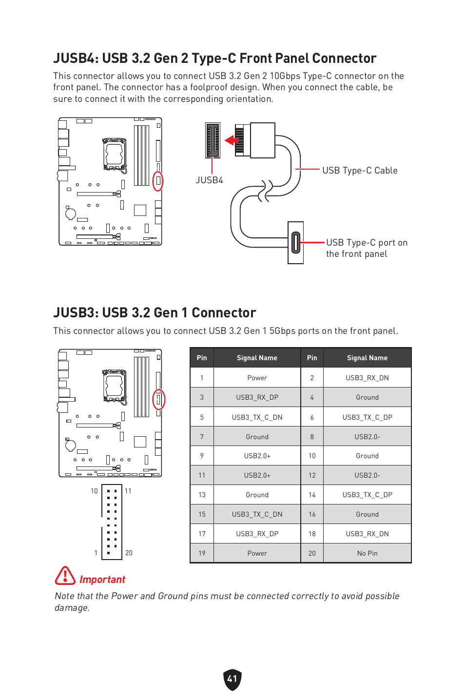 Jusb4: usb 3.2 gen 2 type-c front panel connector, Jusb3: usb 3.2 gen 1 connector, Important | MSI MAG Z790 TOMAHAWK WIFI LGA 1700 ATX Motherboard User Manual | Page 43 / 470