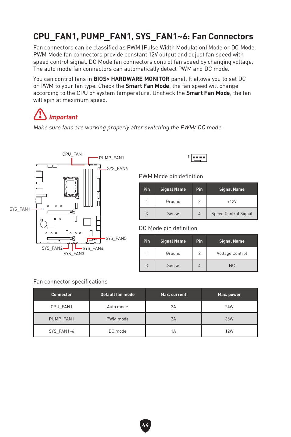 Cpu_fan1, pump_fan1, sys_fan1~6: fan connectors, Important | MSI MAG Z790 TOMAHAWK WIFI LGA 1700 ATX Motherboard User Manual | Page 46 / 470