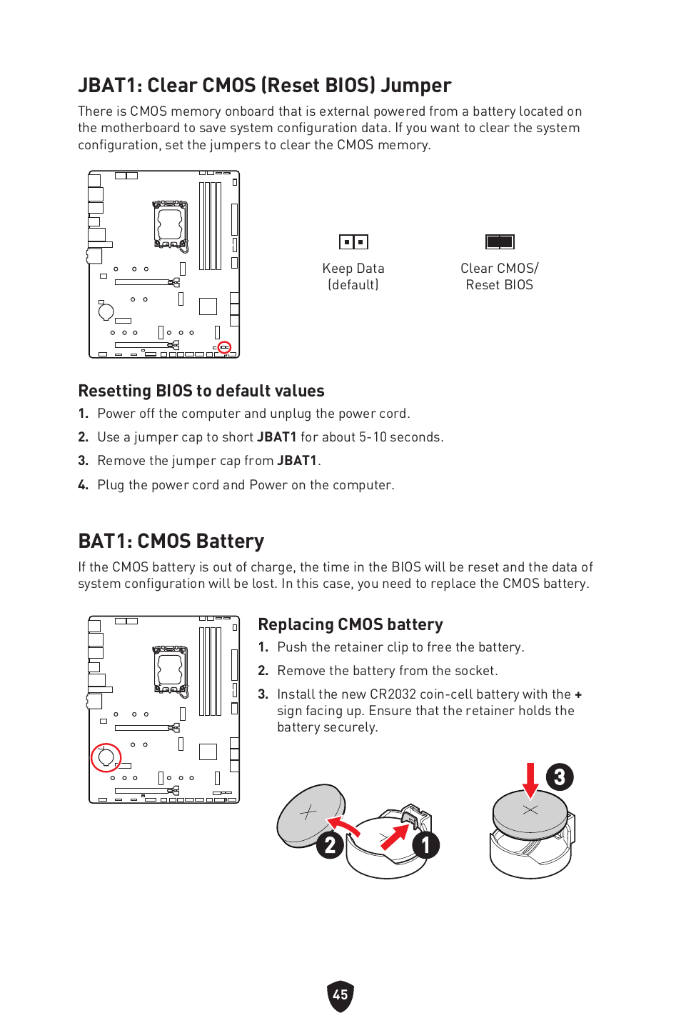 Jbat1: clear cmos (reset bios) jumper, Bat1: cmos battery | MSI MAG Z790 TOMAHAWK WIFI LGA 1700 ATX Motherboard User Manual | Page 47 / 470