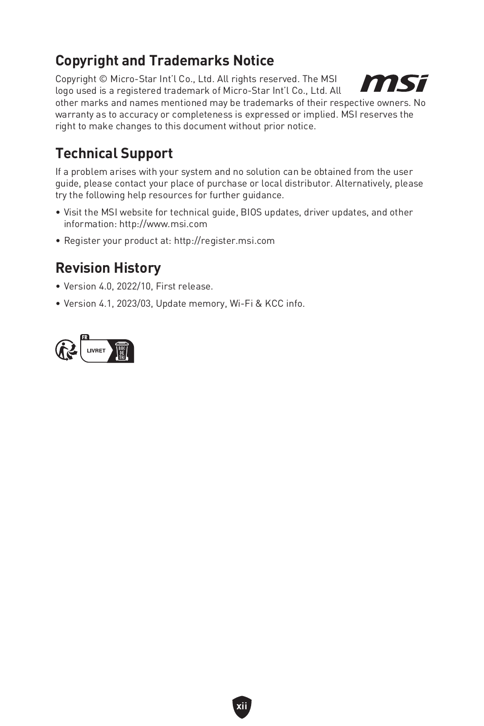 Copyright and trademarks notice, Technical support, Revision history | MSI MAG Z790 TOMAHAWK WIFI LGA 1700 ATX Motherboard User Manual | Page 470 / 470