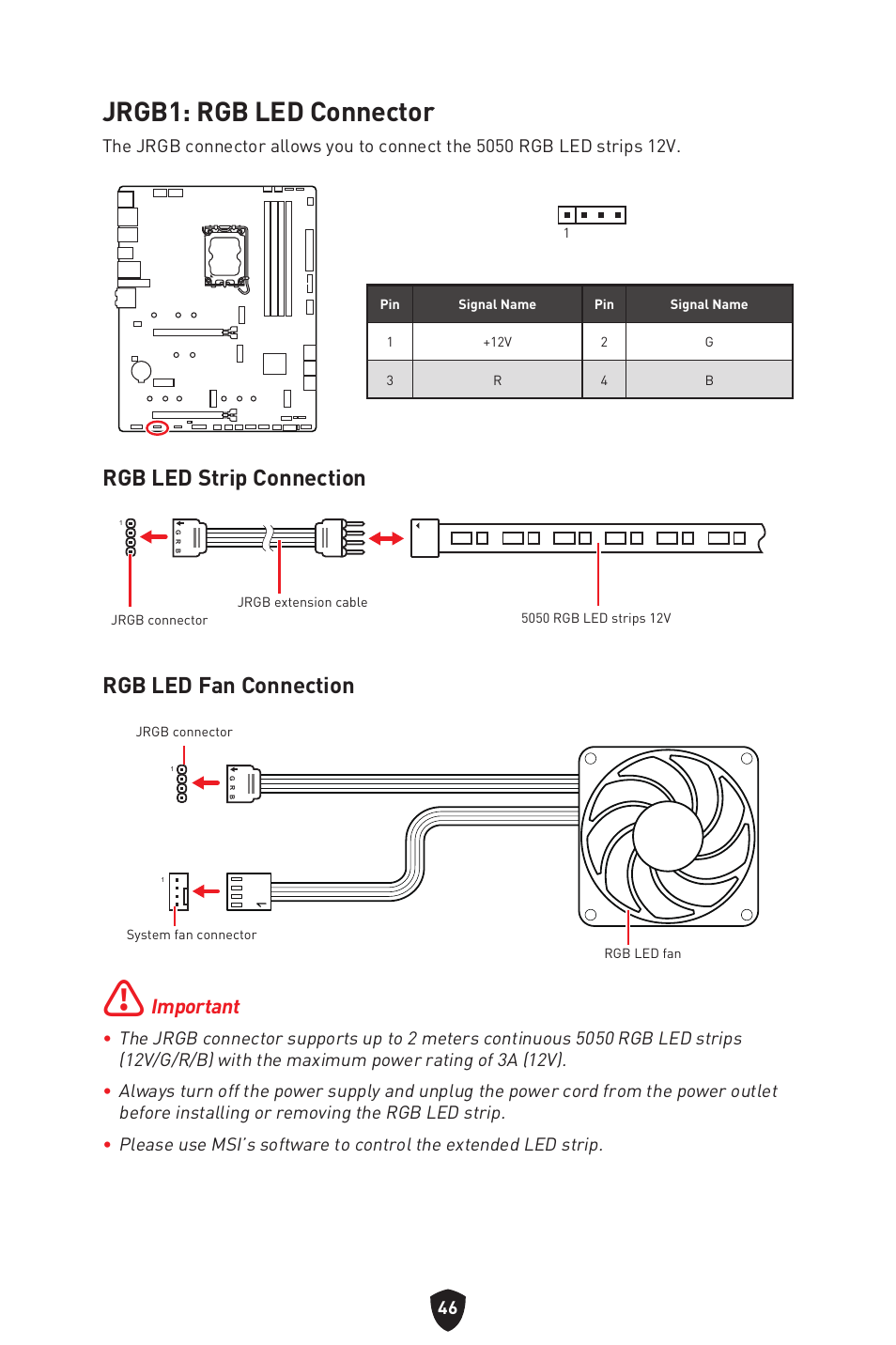 Jrgb1: rgb led connector, Rgb led strip connection, Rgb led fan connection | Important | MSI MAG Z790 TOMAHAWK WIFI LGA 1700 ATX Motherboard User Manual | Page 48 / 470