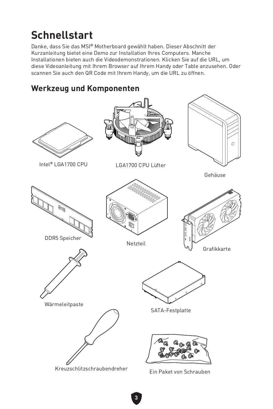 Schnellstart, Werkzeug und komponenten | MSI MAG Z790 TOMAHAWK WIFI LGA 1700 ATX Motherboard User Manual | Page 62 / 470