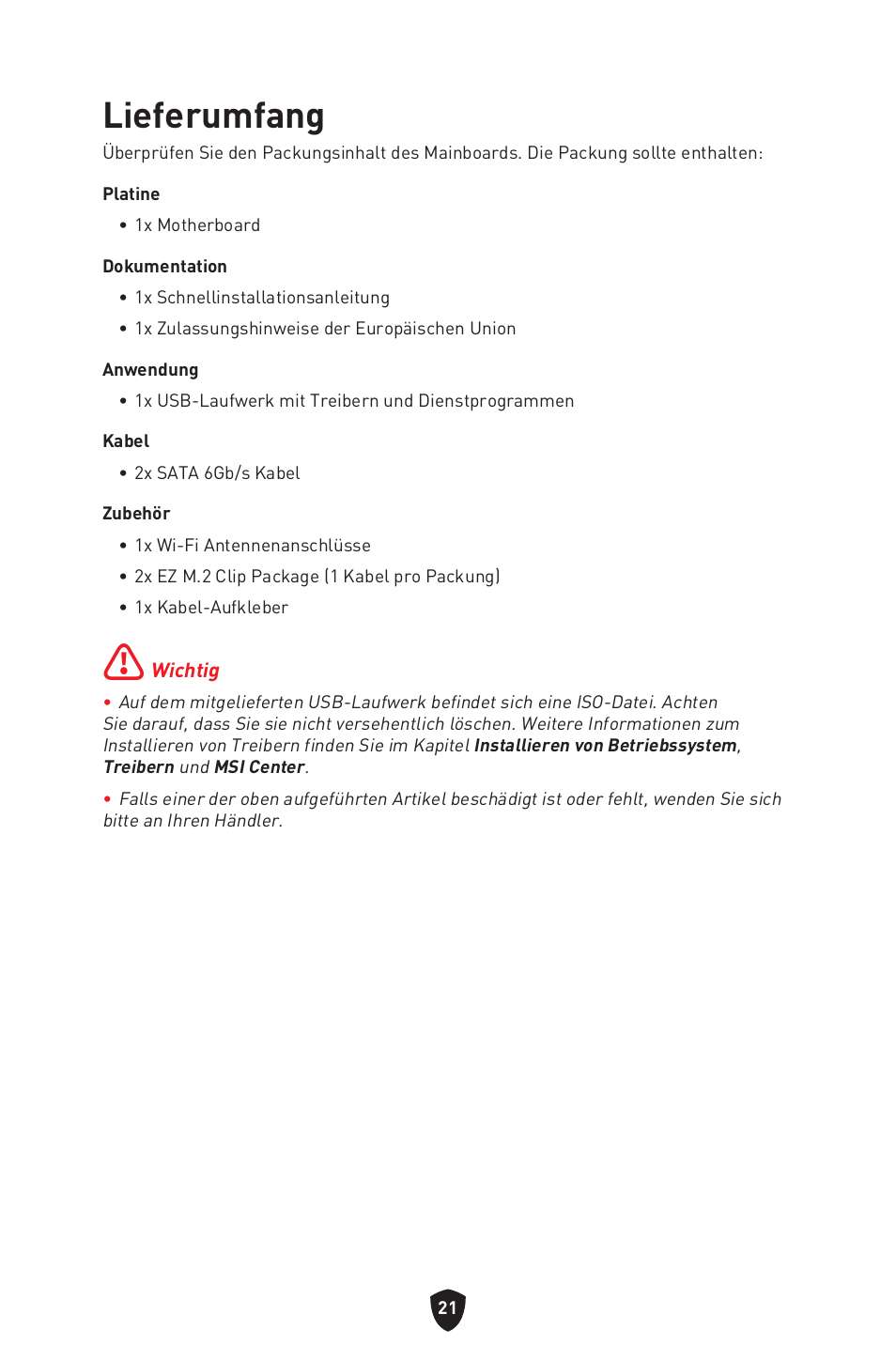 Lieferumfang | MSI MAG Z790 TOMAHAWK WIFI LGA 1700 ATX Motherboard User Manual | Page 80 / 470