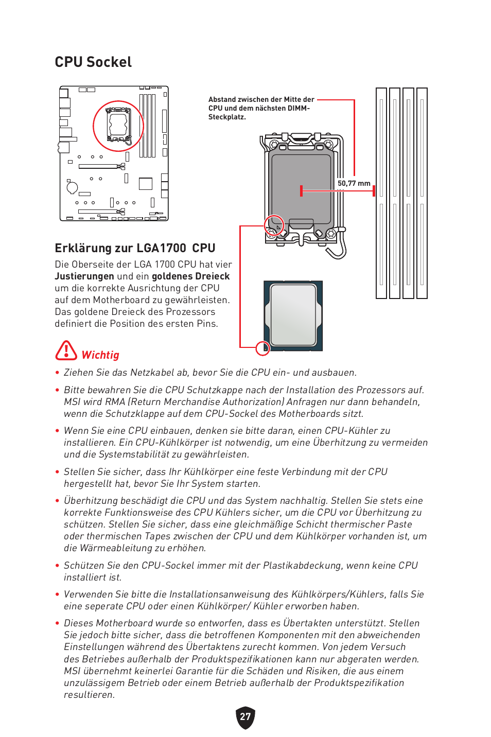 Cpu sockel, Erklärung zur lga1700 cpu | MSI MAG Z790 TOMAHAWK WIFI LGA 1700 ATX Motherboard User Manual | Page 86 / 470
