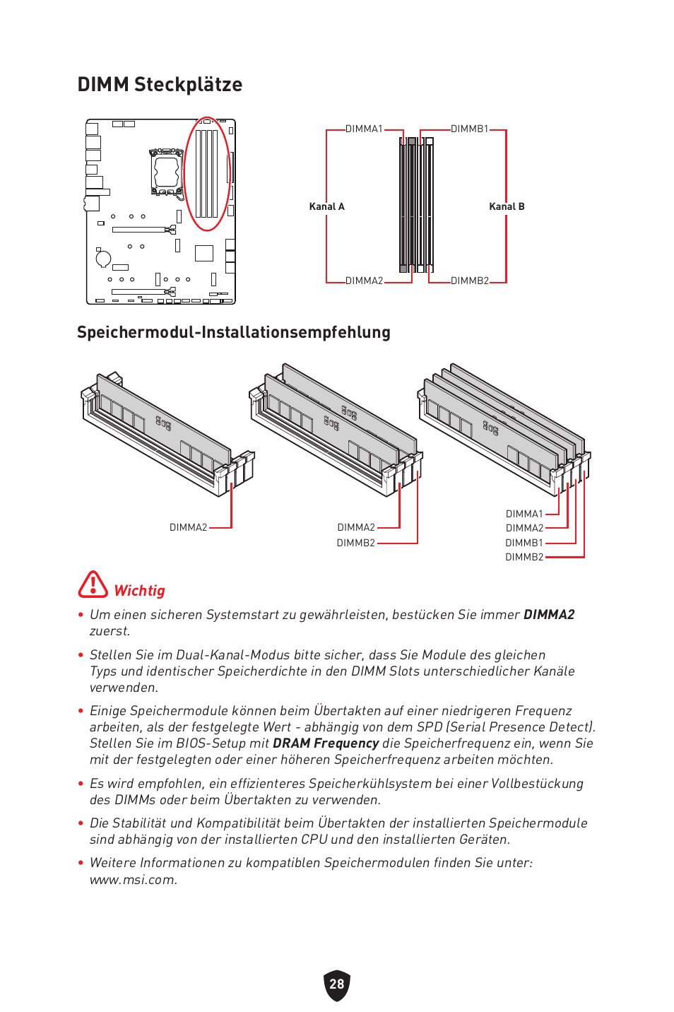 Dimm steckplätze, Speichermodul-installationsempfehlung | MSI MAG Z790 TOMAHAWK WIFI LGA 1700 ATX Motherboard User Manual | Page 87 / 470
