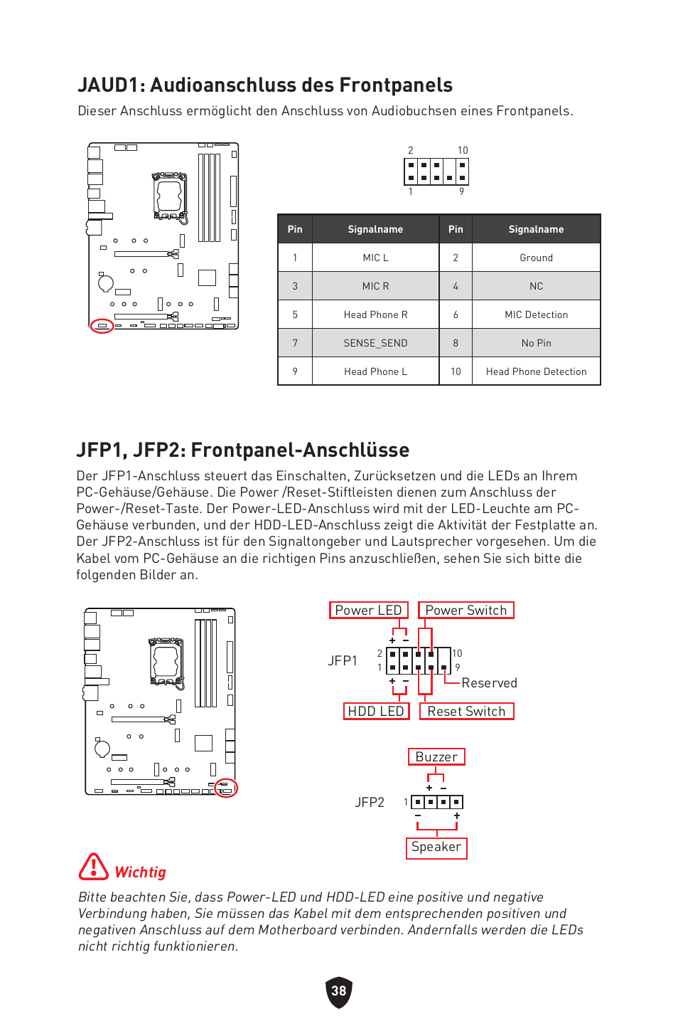 Jaud1: audioanschluss des frontpanels, Jfp1, jfp2: frontpanel-anschlüsse, Wichtig | MSI MAG Z790 TOMAHAWK WIFI LGA 1700 ATX Motherboard User Manual | Page 97 / 470