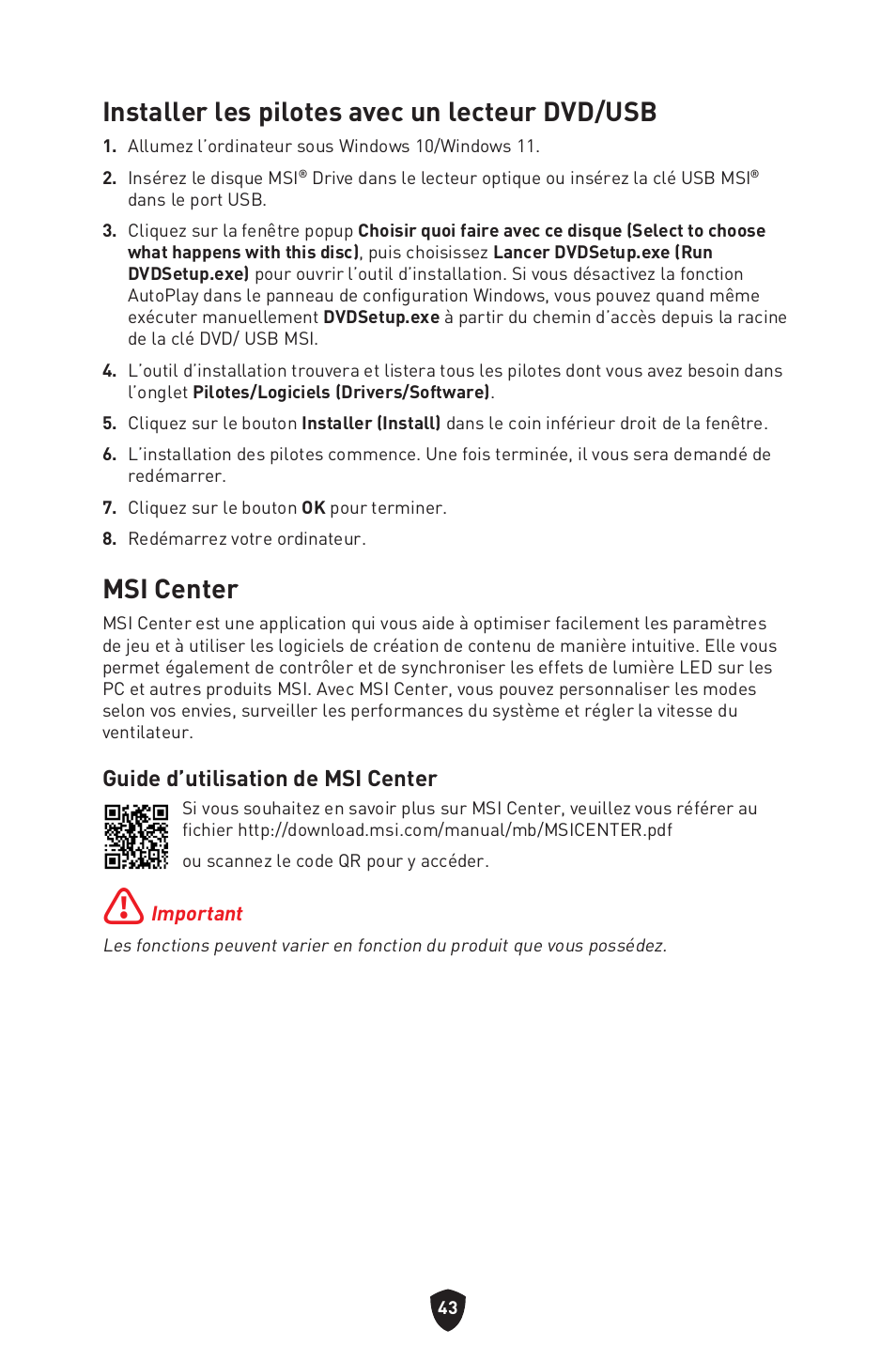 Msi center, Installer les pilotes avec un lecteur dvd/usb, Guide d’utilisation de msi center | MSI B550 GAMING GEN3 AM4 ATX Motherboard User Manual | Page 137 / 379