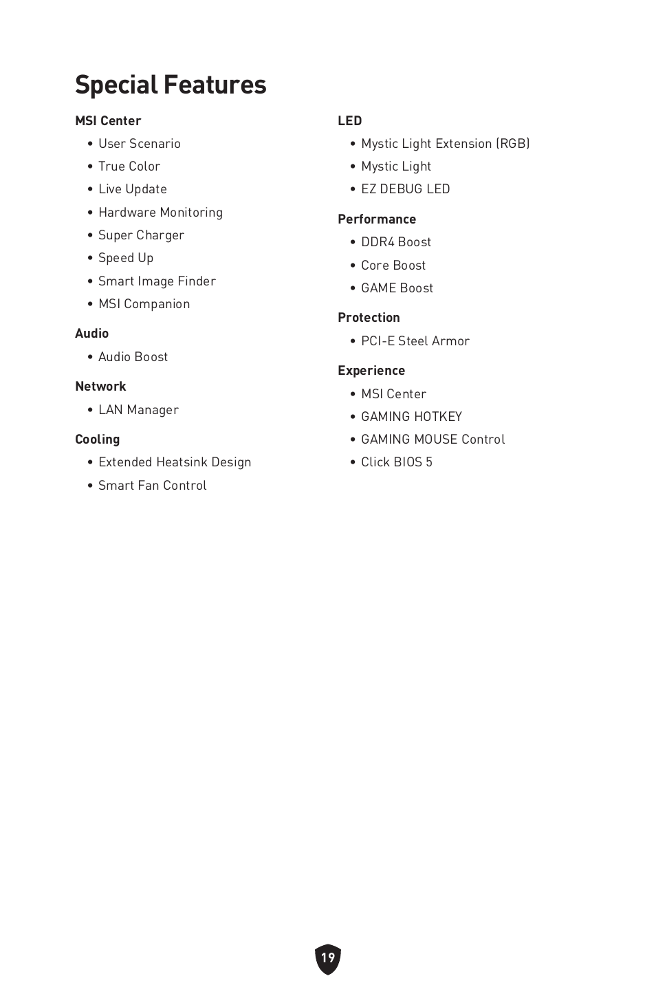 Special features | MSI B550 GAMING GEN3 AM4 ATX Motherboard User Manual | Page 21 / 379