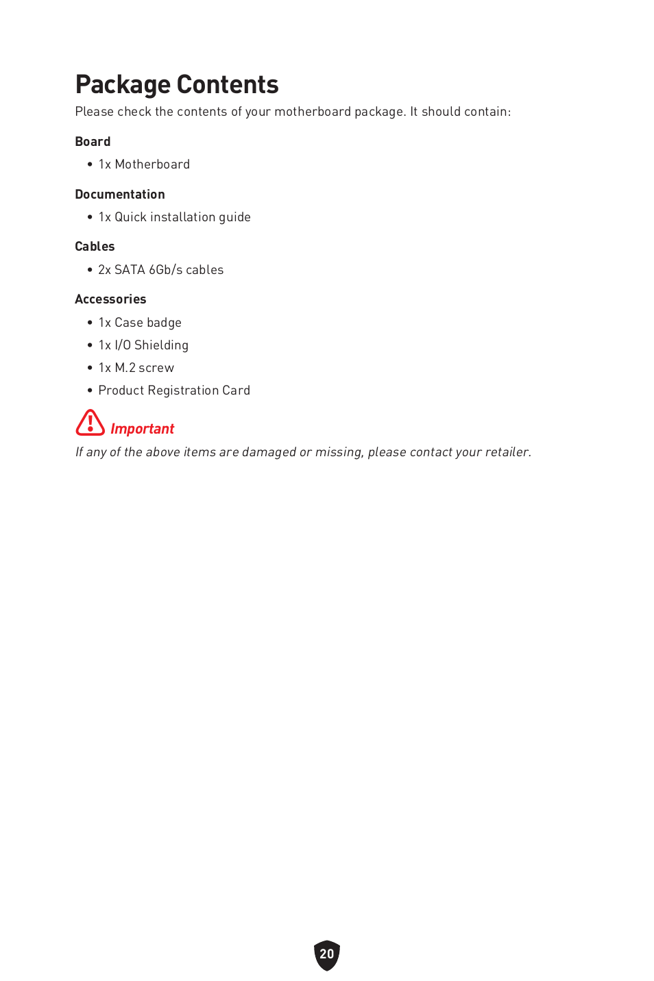 Package contents | MSI B550 GAMING GEN3 AM4 ATX Motherboard User Manual | Page 22 / 379