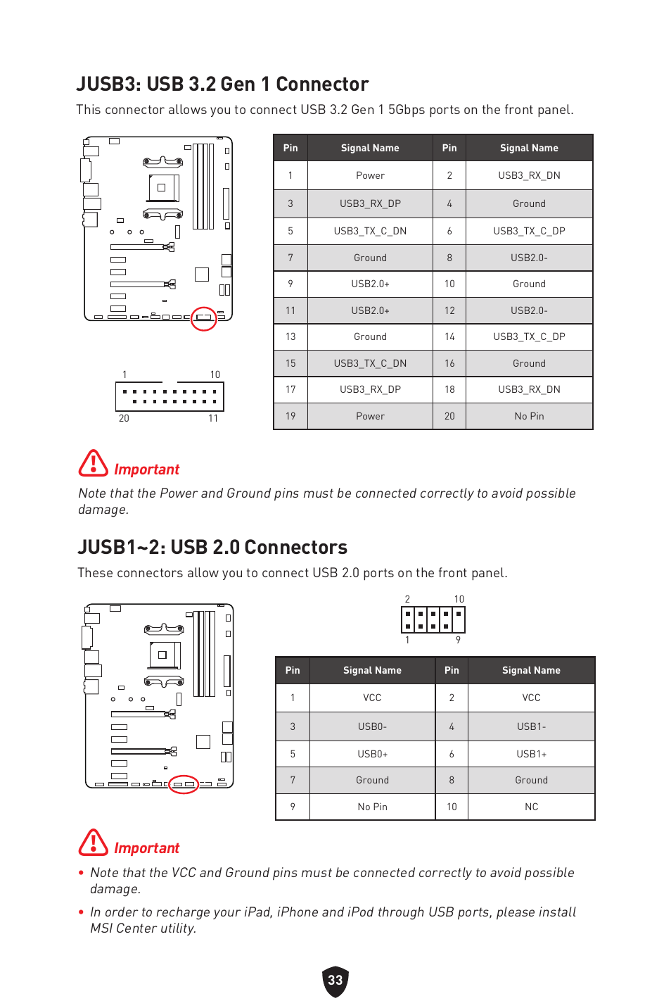 Jusb3: usb 3.2 gen 1 connector, Jusb1~2: usb 2.0 connectors, Important | MSI B550 GAMING GEN3 AM4 ATX Motherboard User Manual | Page 35 / 379