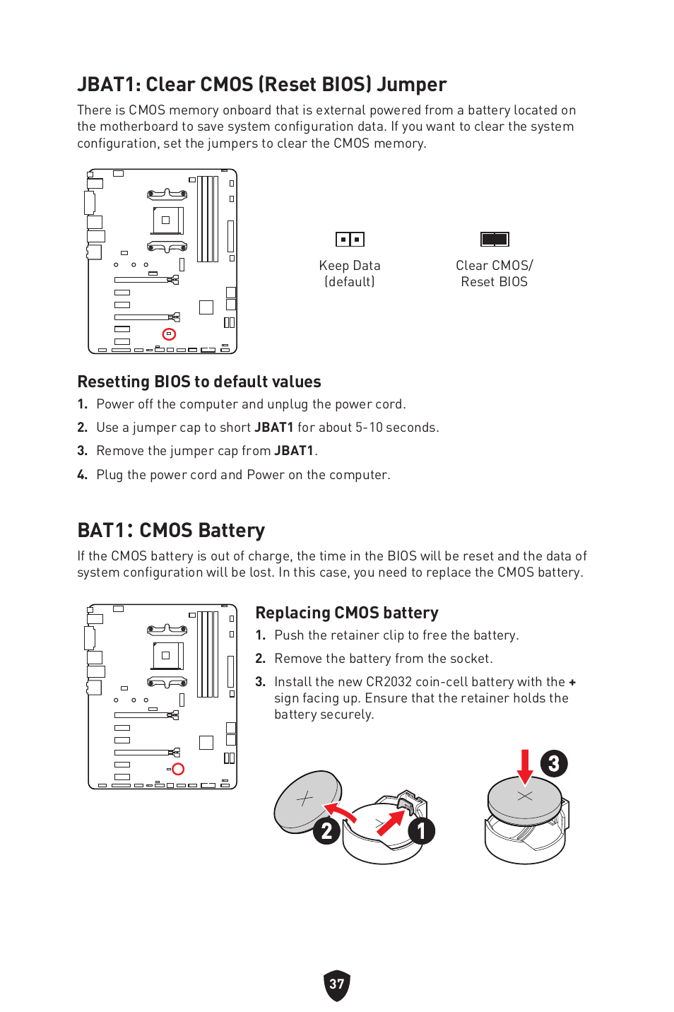 Jbat1: clear cmos (reset bios) jumper, Bat1： cmos battery, Resetting bios to default values | Replacing cmos battery | MSI B550 GAMING GEN3 AM4 ATX Motherboard User Manual | Page 39 / 379