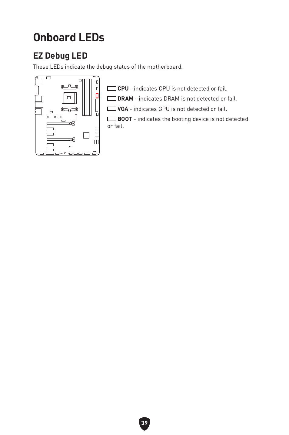 Onboard leds, Ez debug led | MSI B550 GAMING GEN3 AM4 ATX Motherboard User Manual | Page 41 / 379