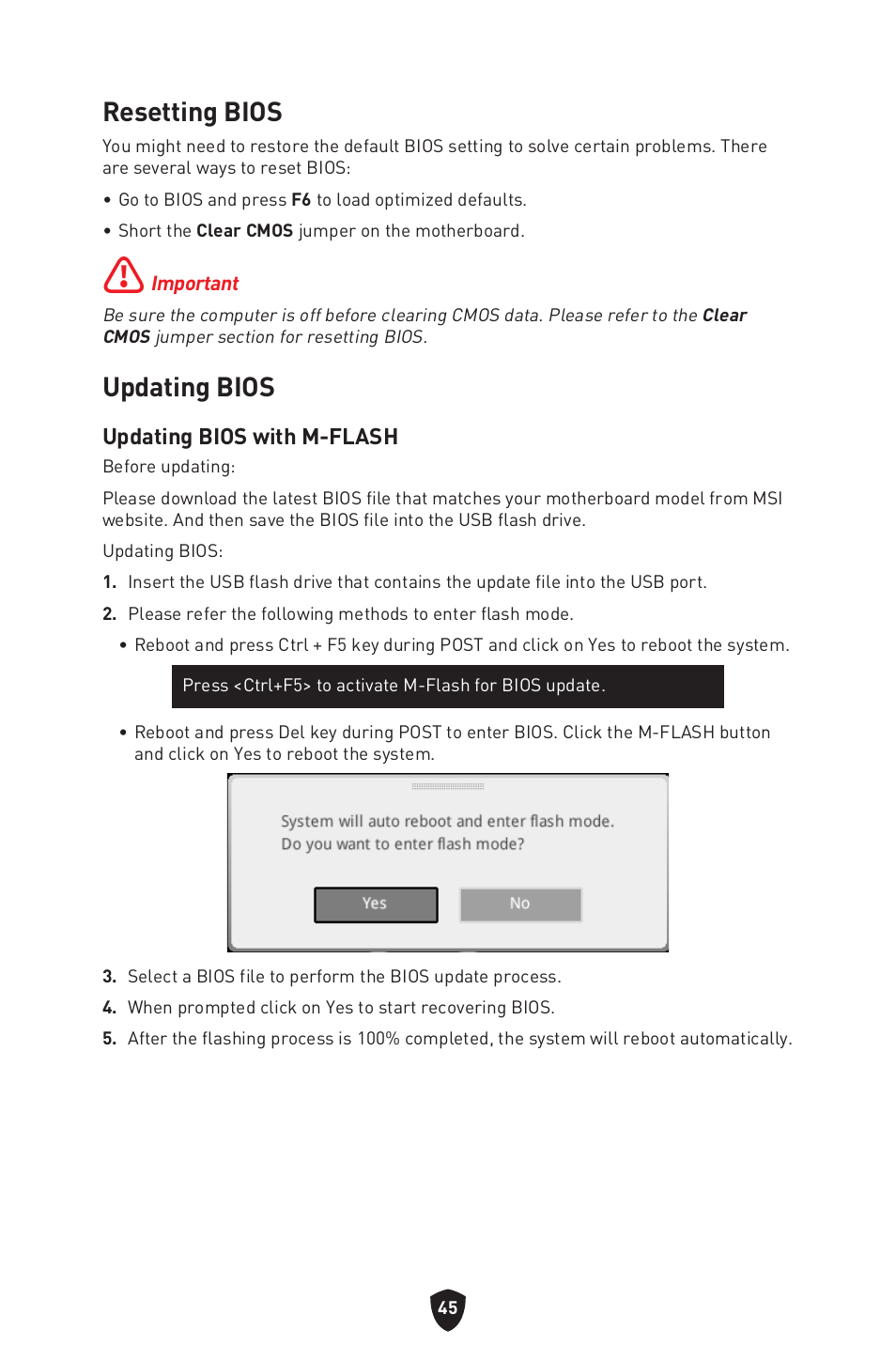 Resetting bios, Updating bios, Resetting bios updating bios | MSI B550 GAMING GEN3 AM4 ATX Motherboard User Manual | Page 47 / 379